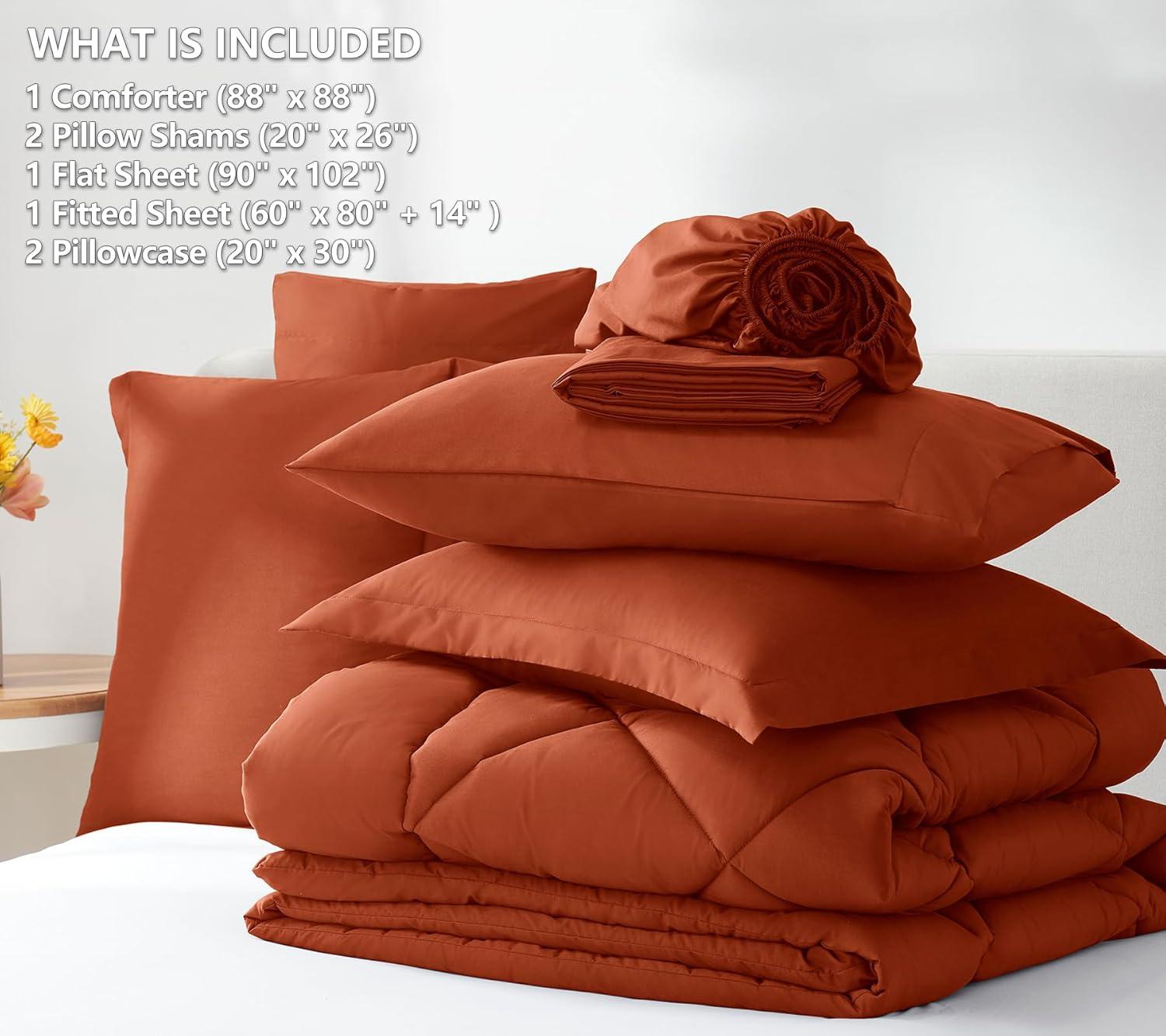 CozyLux Queen Comforter Set 7 Pieces Bed in a Bag Burnt Orange All Season Bedding with Comforter, Pillow Shams, Flat Sheet, Fitted Sheet and Pillowcases