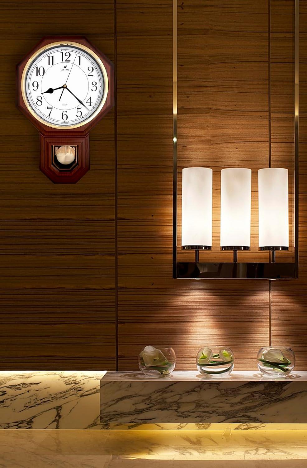 JUSTIME Traditional Schoolhouse Classic Vintage Arabic Regulator Wall Clock, Chiming Wall Clocks with Pendulum & Westminster Chime Hourly, Schoolhouse Wall Decor Battery Operated (Dark Wood Grain)