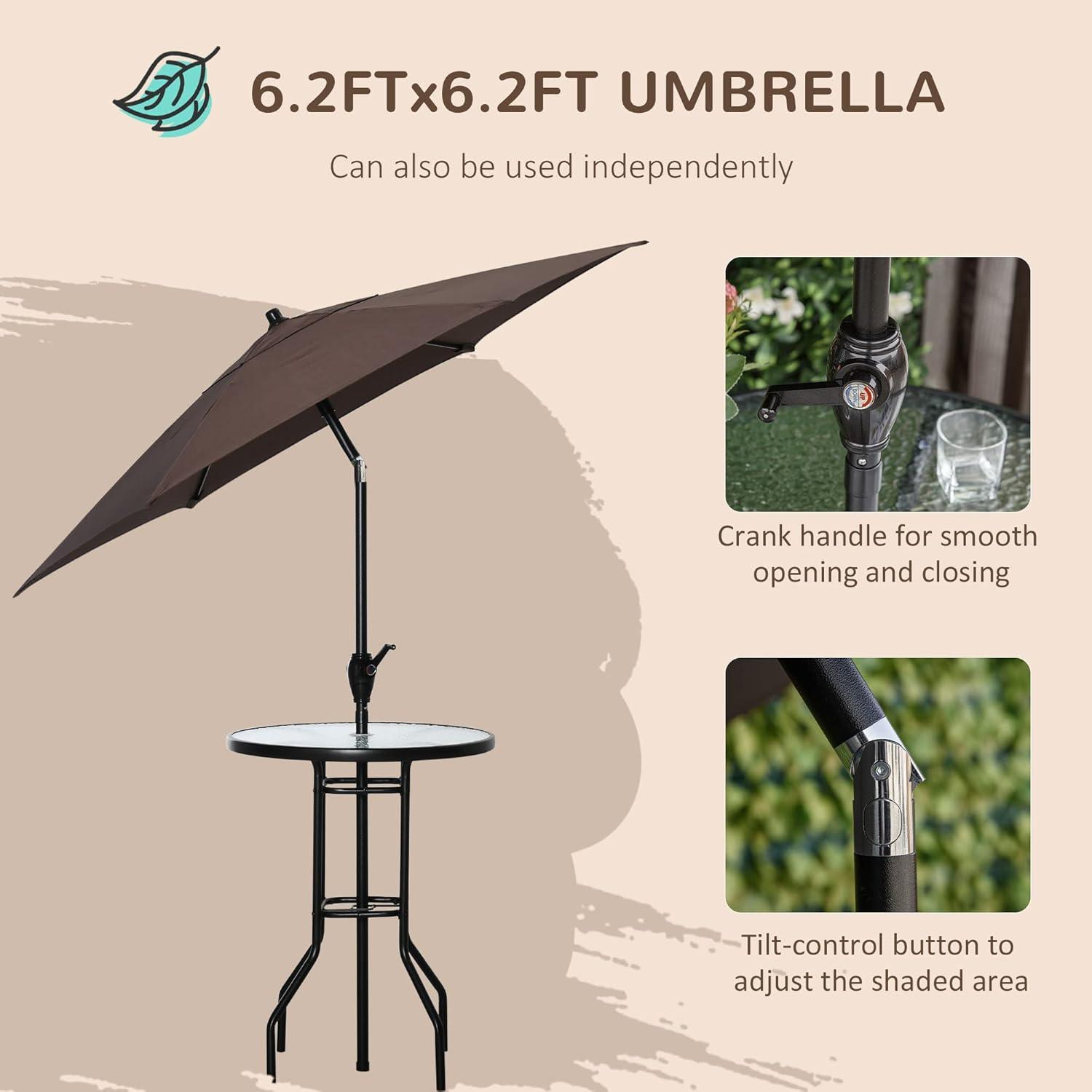 Outsunny 4 Piece Patio Bar Set for 2 with 6' Adjustable Tilt Umbrella, Outdoor Bistro Set with Folding Chairs & Glass Round Dining Table