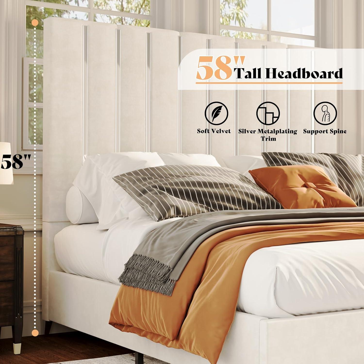 Merluxy King Size Bed Frame with 58" Tall Headboard, Velvet Upholstered Platform Bed with Channel Tufted Wingback Headboard and Plating Trim, Cream