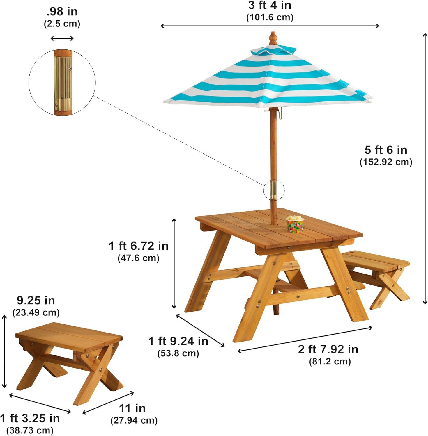 KidKraft Outdoor Wooden Table & Bench Set, Striped Umbrella, Turquoise and White