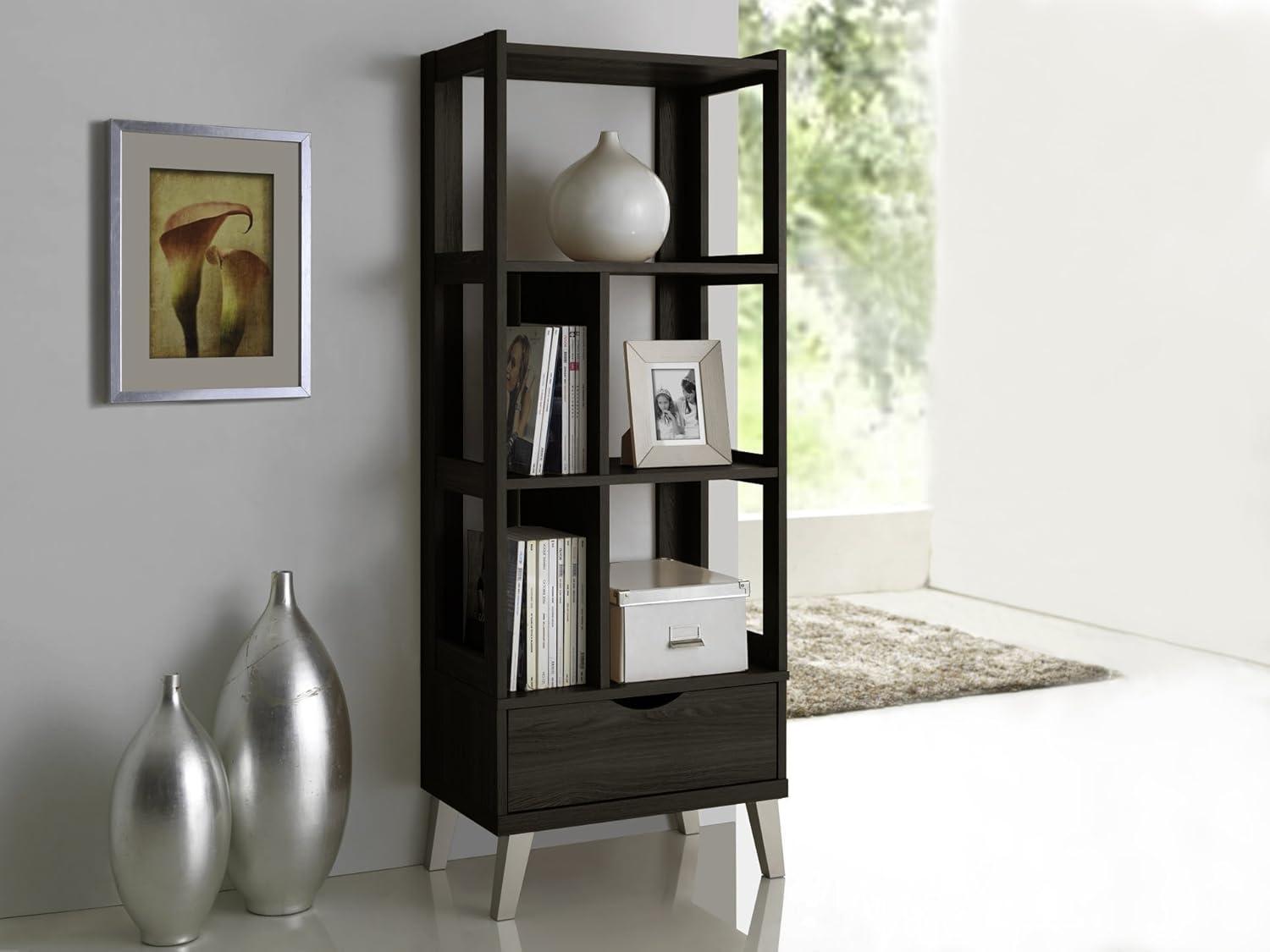 Kalien 63" Dark Brown Wood Leaning Ladder Bookcase