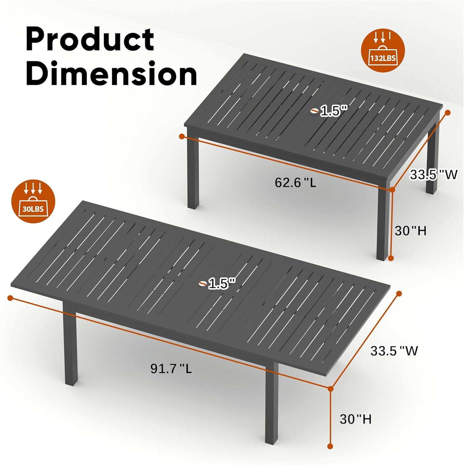 Superjoe Patio Expandable Table Dining Set for 4 to 10, Aluminum Outdoor Dining Table, Rectangular Patio Metal Table with Umbrella Hole for Backyard Porch, Deck ＆ Garden, Easy Assembly, Dark Grey