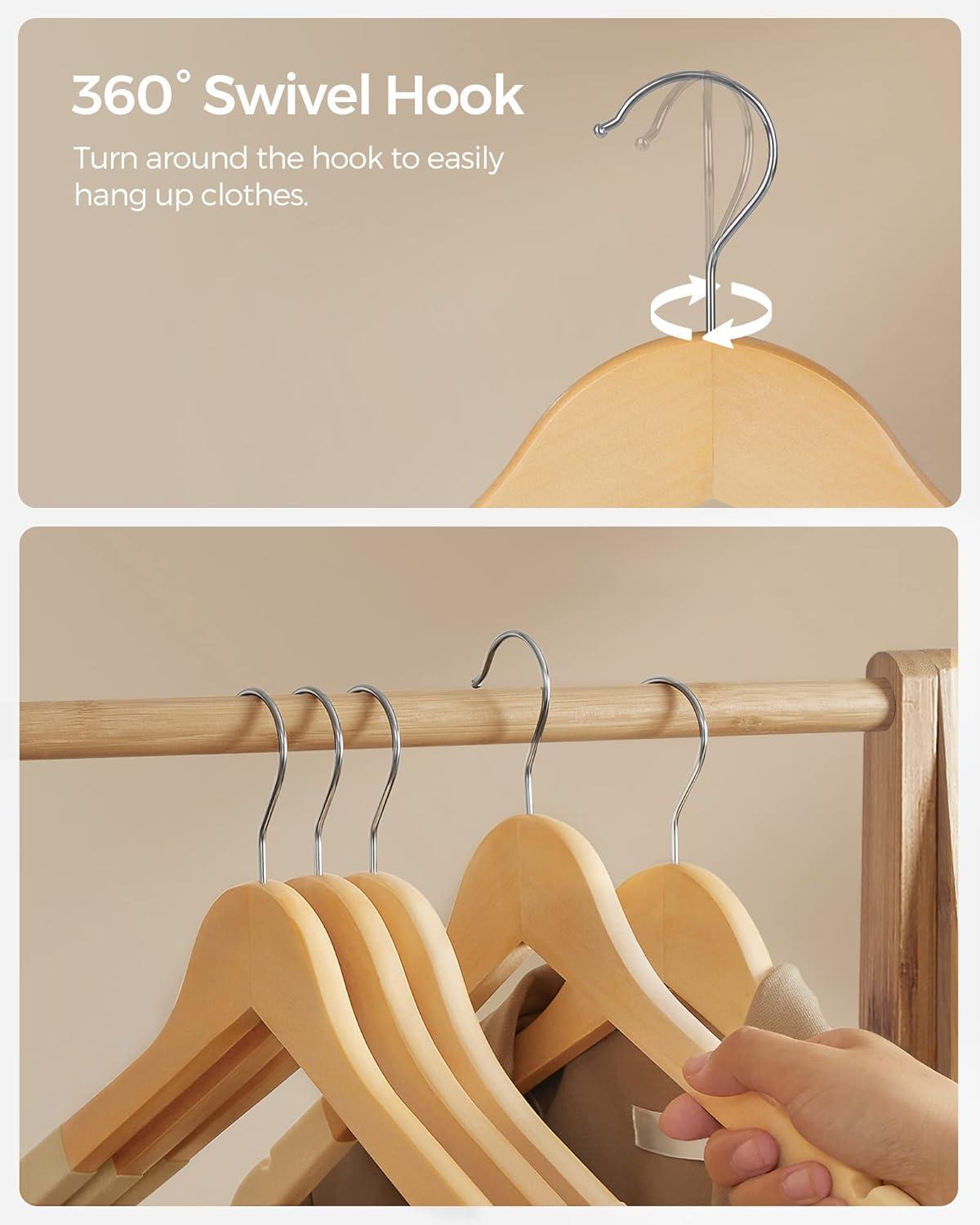 Natural Wooden Hangers with Velvet Surface and Swivel Hook, Set of 20