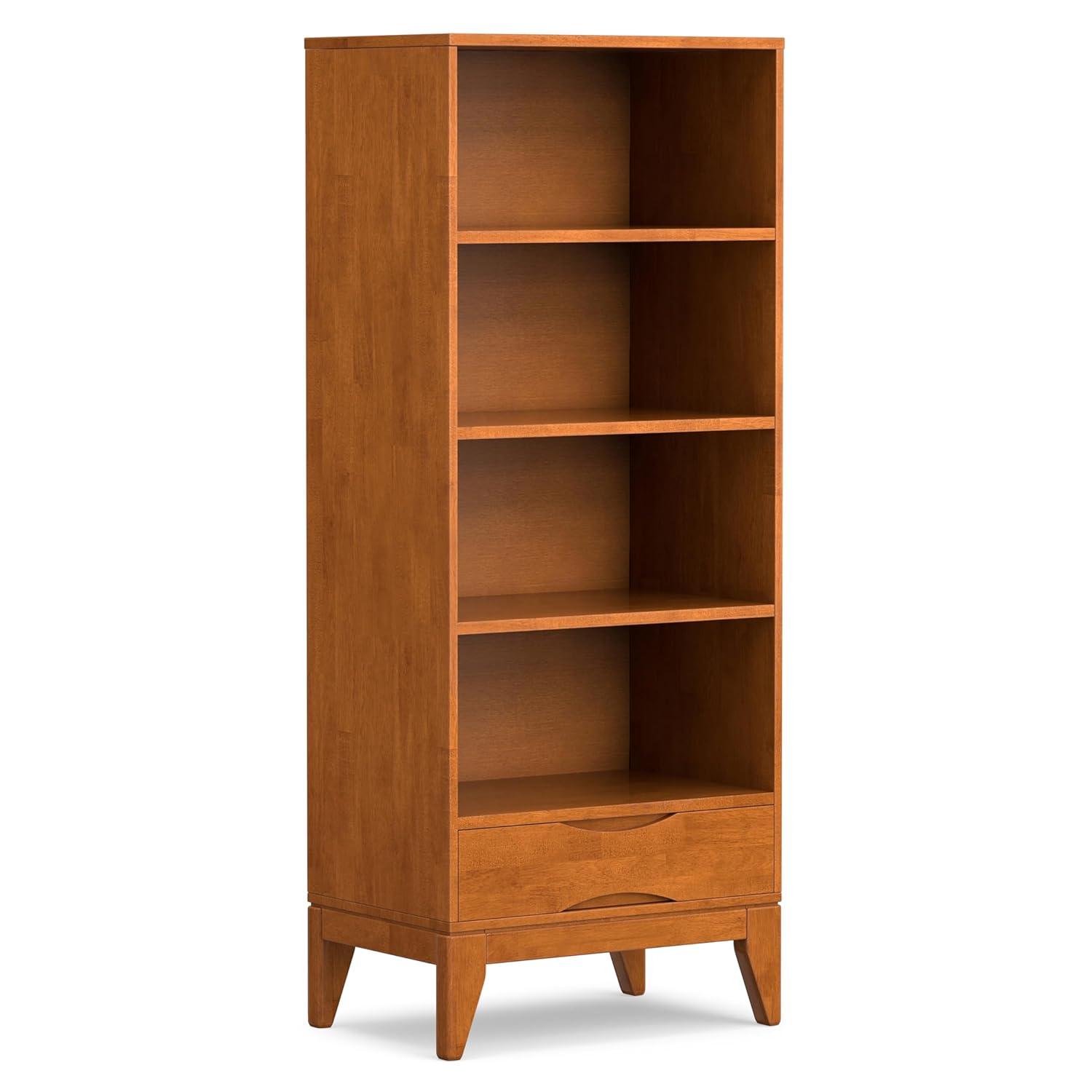 Simpli Home Harper 24"W Solid Hardwood 4 Shelf Mid-Century Modern Bookcase with Drawer and Adjustable Shelves
