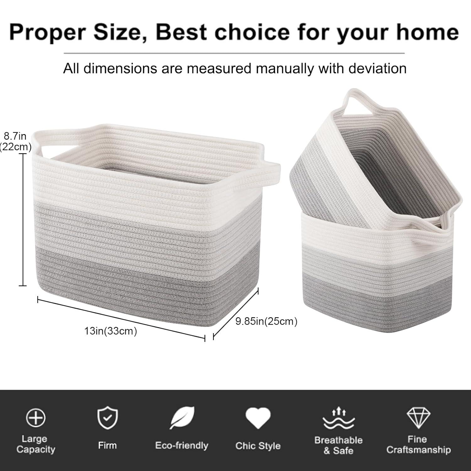 KOUROUU 3 Pack Cotton Rope Storage Basket Woven Shelf Storage Bin with Faux Leather Handles, Decorative Closet Shelf Woven Basket for Storage Organizers, 15 x 10 x 9, White/Gray
