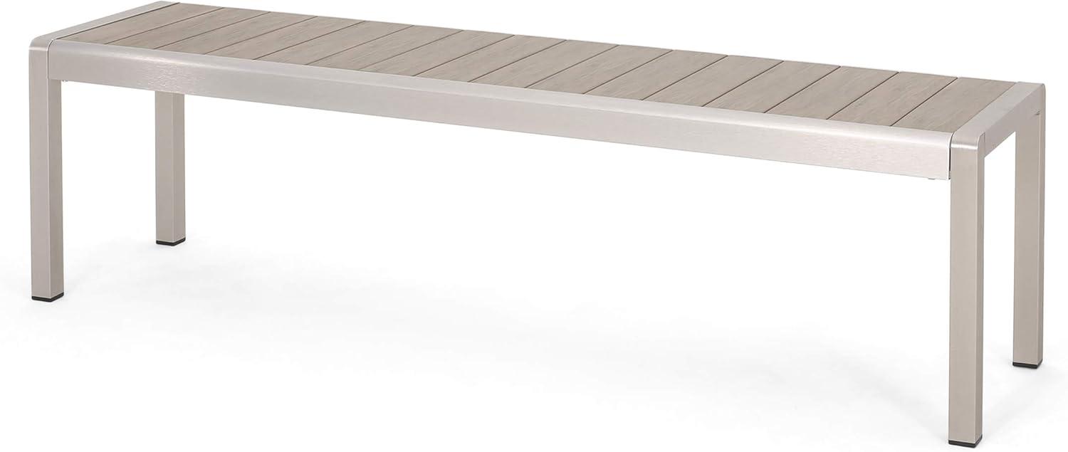 GDF Studio Crested Bay Outdoor Aluminum and Faux Wood Bench, Natural and Silver