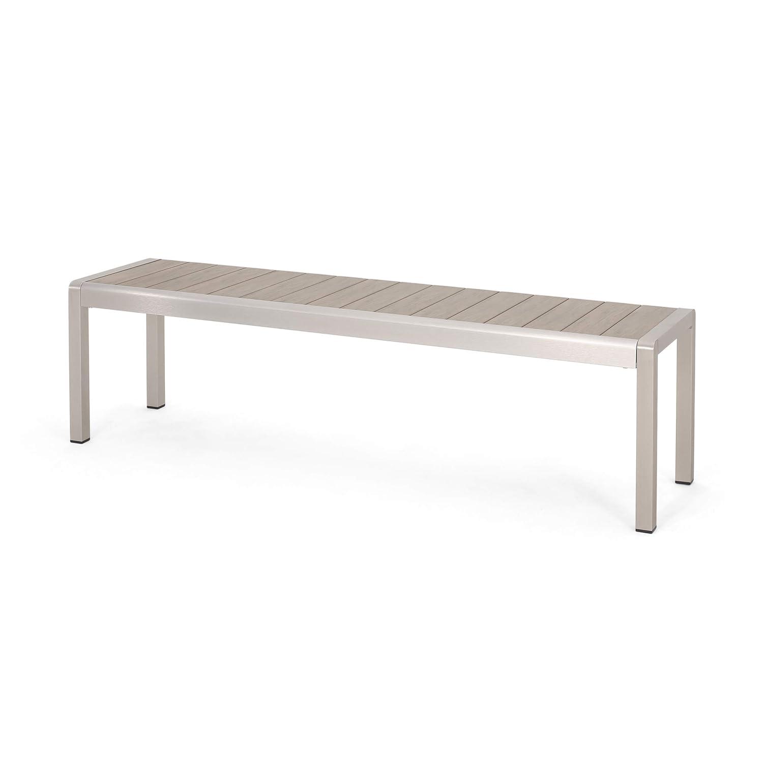 GDF Studio Crested Bay Outdoor Aluminum and Faux Wood Bench, Natural and Silver