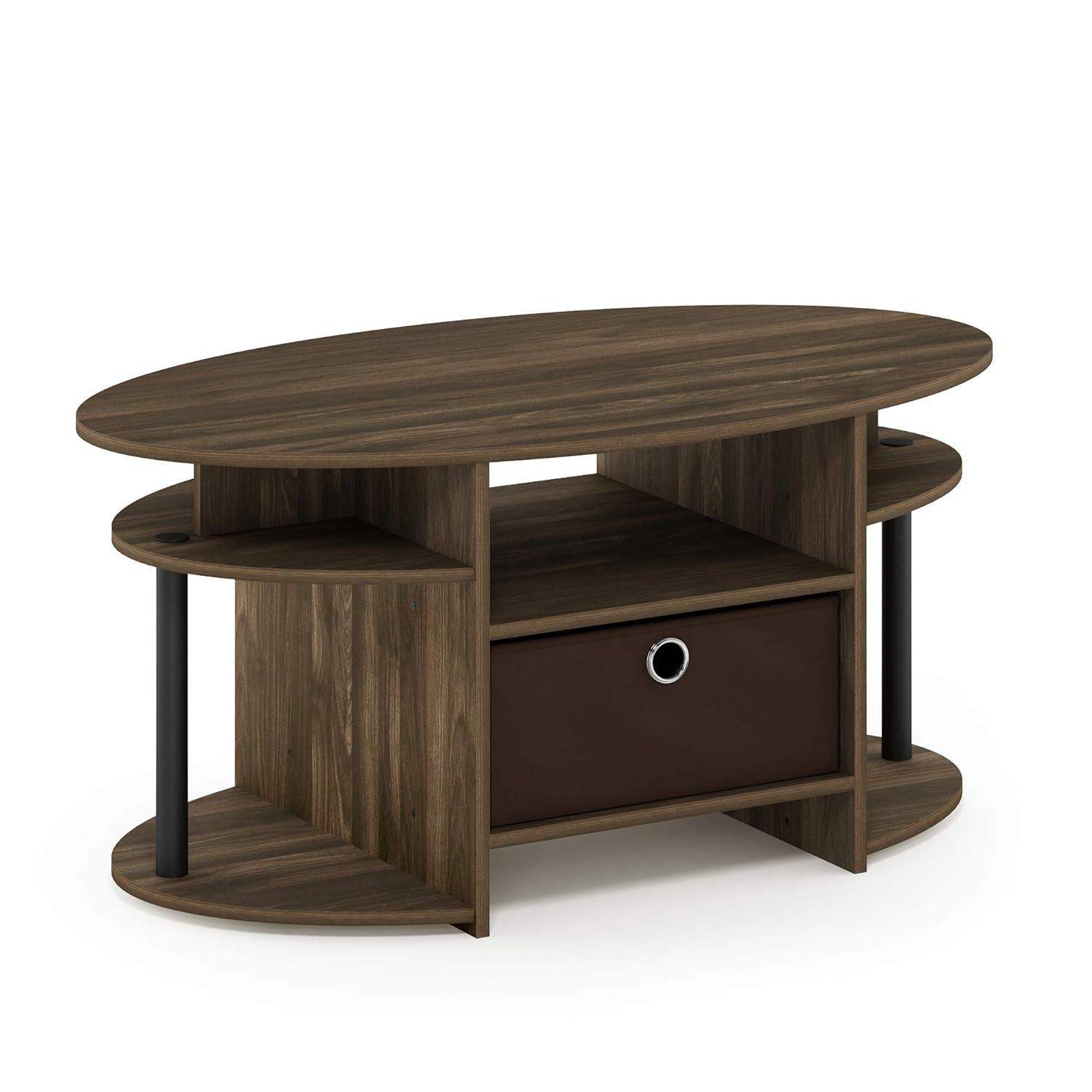 Furinno JAYA Simple Design Oval Coffee Table with Bin, Columbia Walnut/Black/Dark Brown