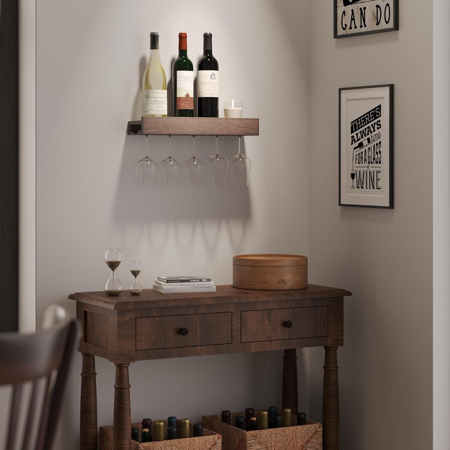 Walnut Wall Mounted Wood Wine Rack with Glass Holder