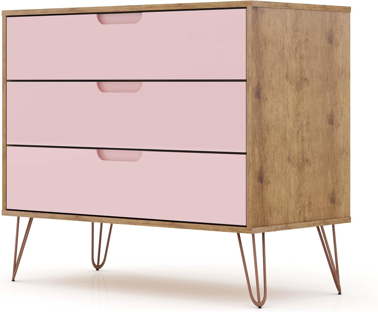 Set of 2 Rockefeller 3 Drawer Dresser Nature/Rose Pink - Manhattan Comfort: MDF Bedroom Storage, Easy-Glide, 6 Drawers