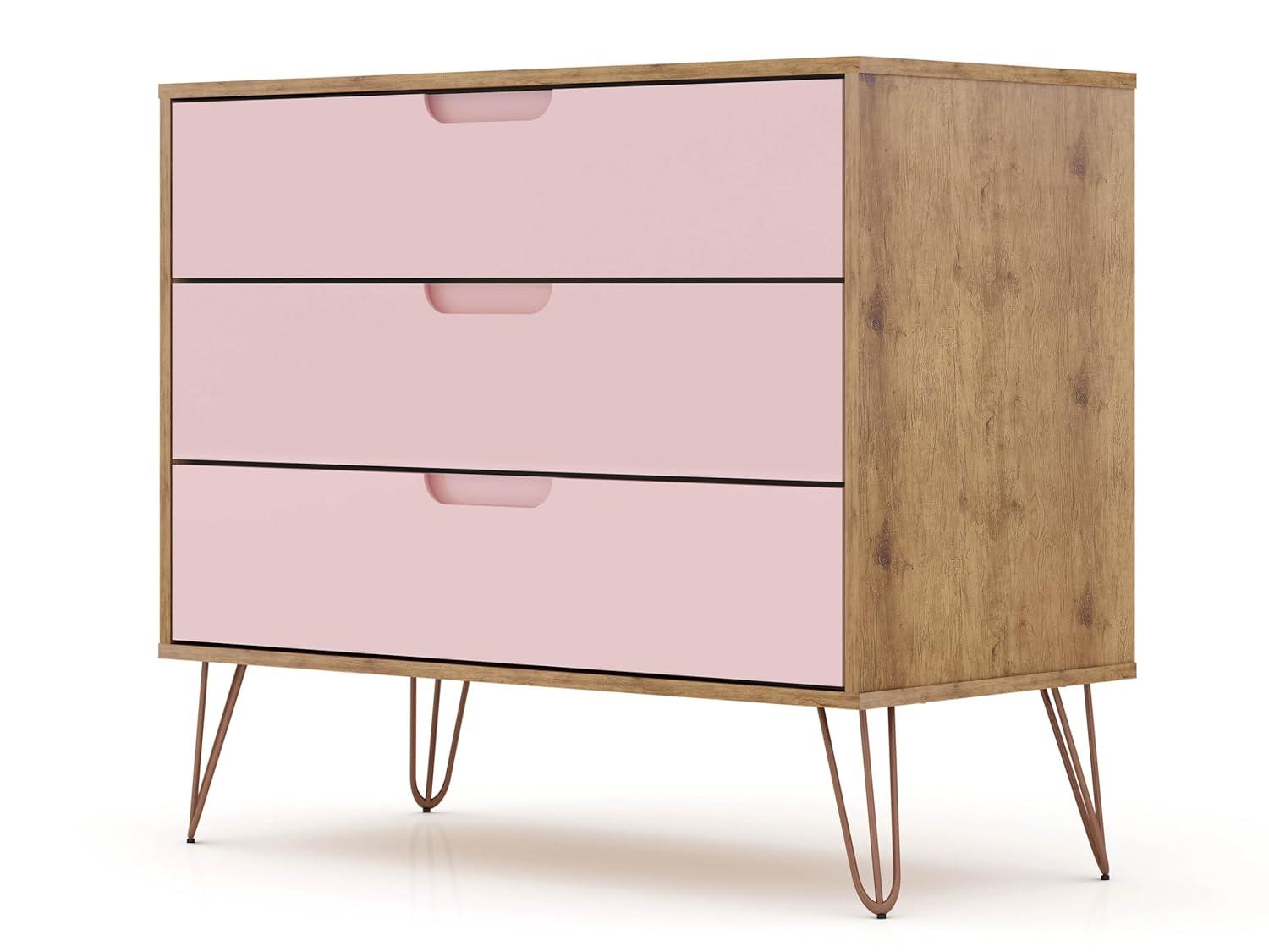 Set of 2 Rockefeller 3 Drawer Dresser Nature/Rose Pink - Manhattan Comfort: MDF Bedroom Storage, Easy-Glide, 6 Drawers