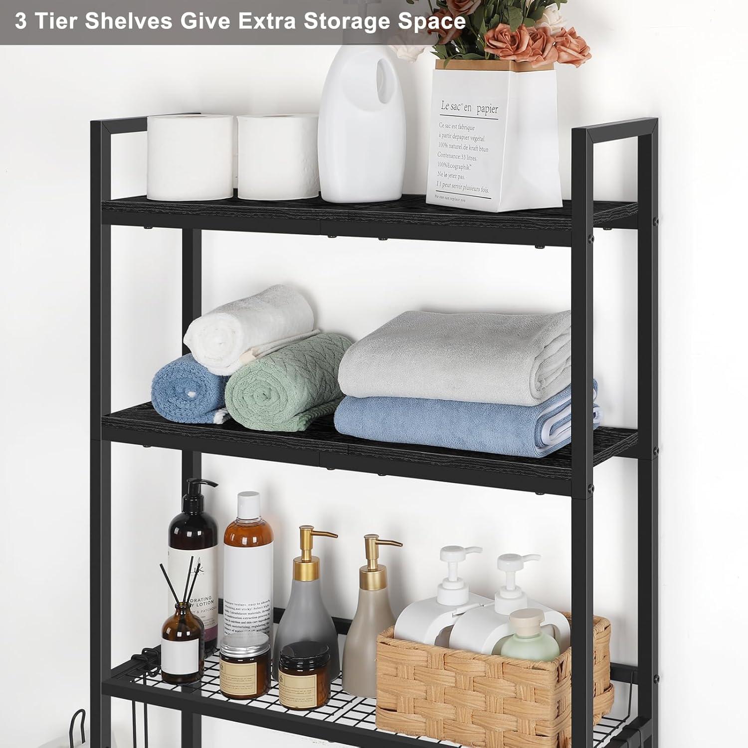 Over The Toilet Storage Over Toilet Rack Bathroom Organizer 3 Tier Toilet Shelf with 4 Hooks and Toilet Paper Holder Freestanding Bathroom Stand Over Toilet Save Space, Black
