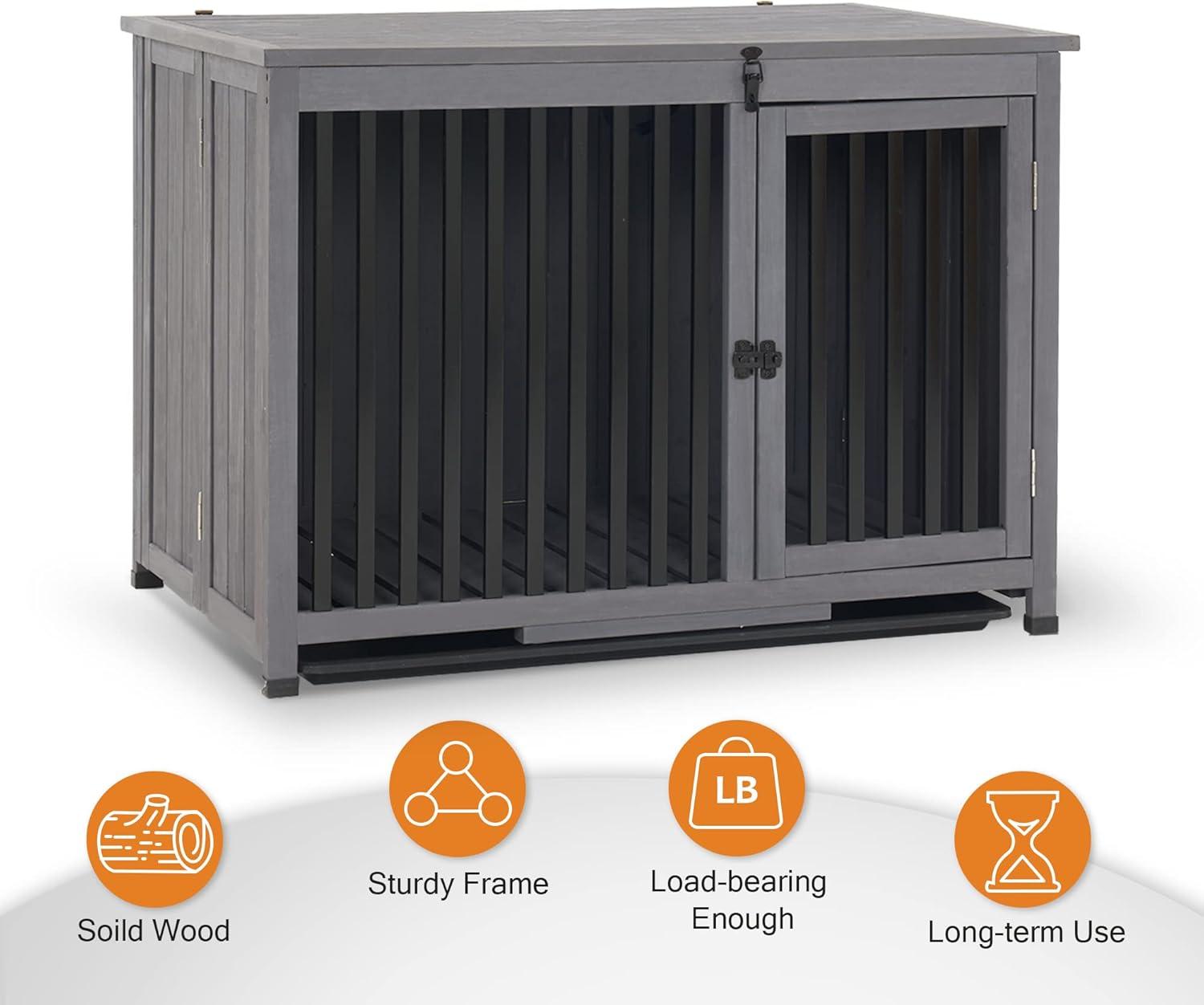 Mcombo Wooden Dog Crate Furniture End Table with Door, No Assembly Portable Foldable Pet Crate Dog Kennel Indoor with Removable Tray (Large, Grey), 0650