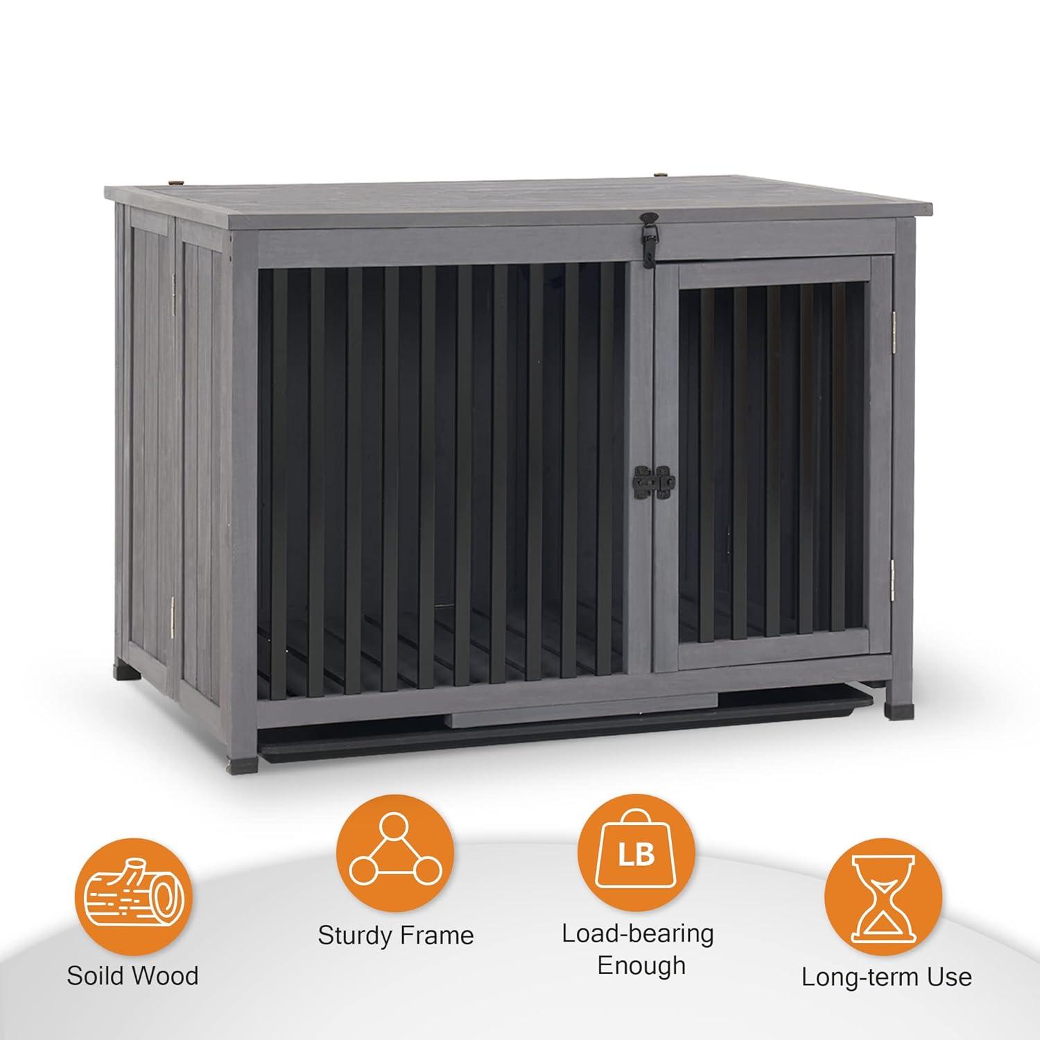 Mcombo Wooden Dog Crate Furniture End Table with Door, No Assembly Portable Foldable Pet Crate Dog Kennel Indoor with Removable Tray (Large, Grey), 0650