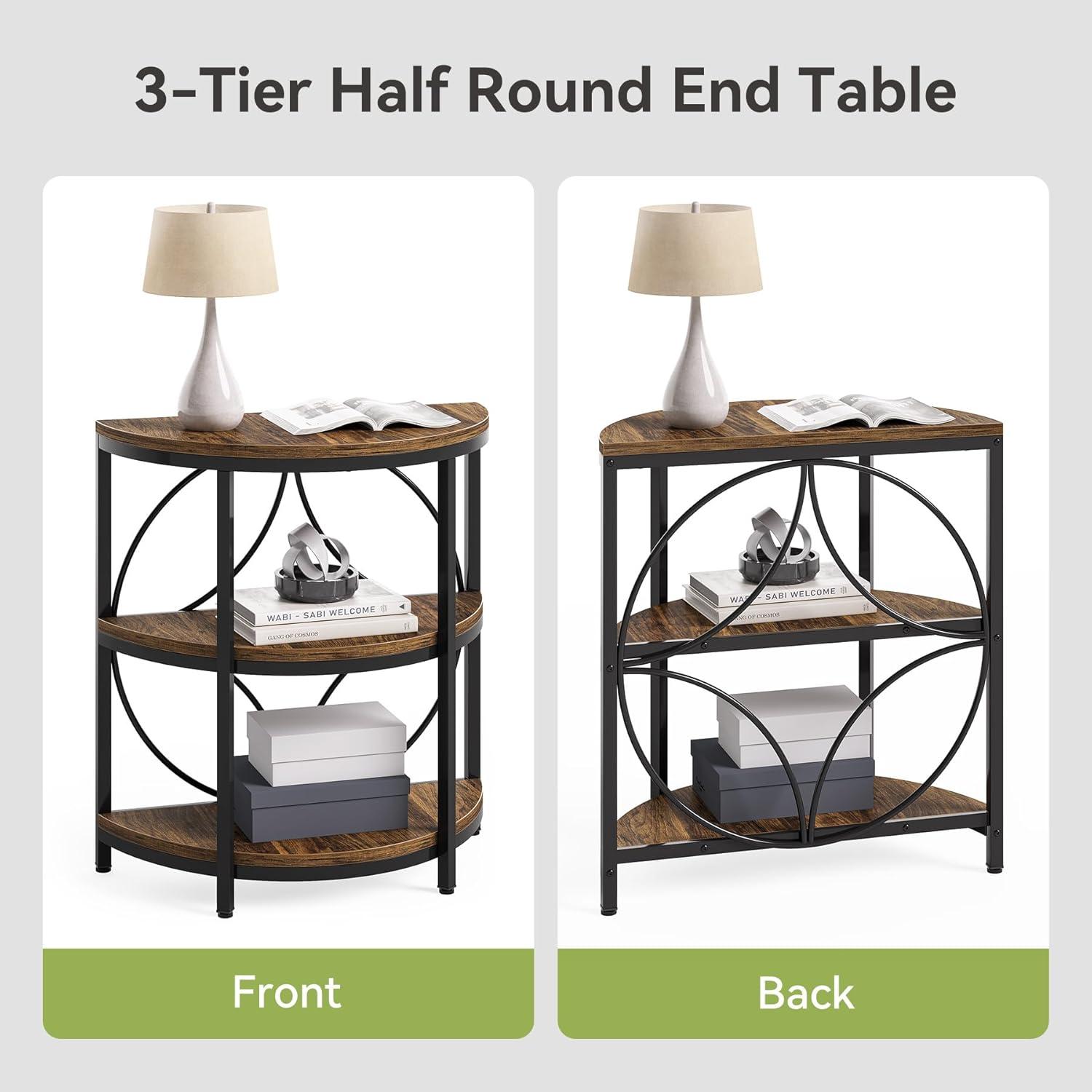 LITTLE TREE Half Round End Table, 3-Tier Narrow Side Table with Metal Frame, Half Circle Table, Half Moon Small Coffee Accent Table Bedside Table for Living Room, Bedroom