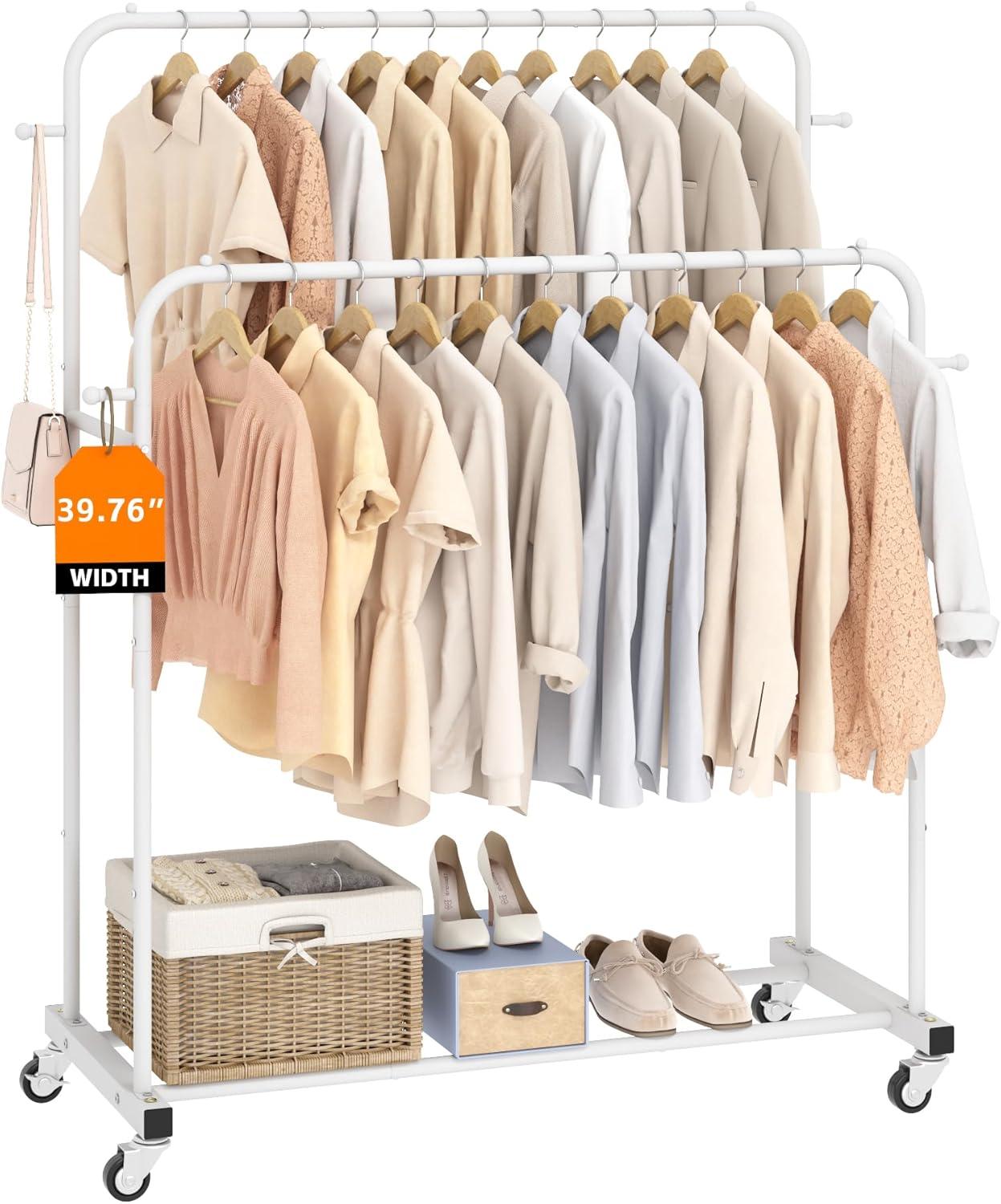 Laiensia Double Rods Garment Rack with Wheels, Clothing Rack for Hanging Clothes,4 Hooks, Multi-functional Bedroom Clothes Rack, White