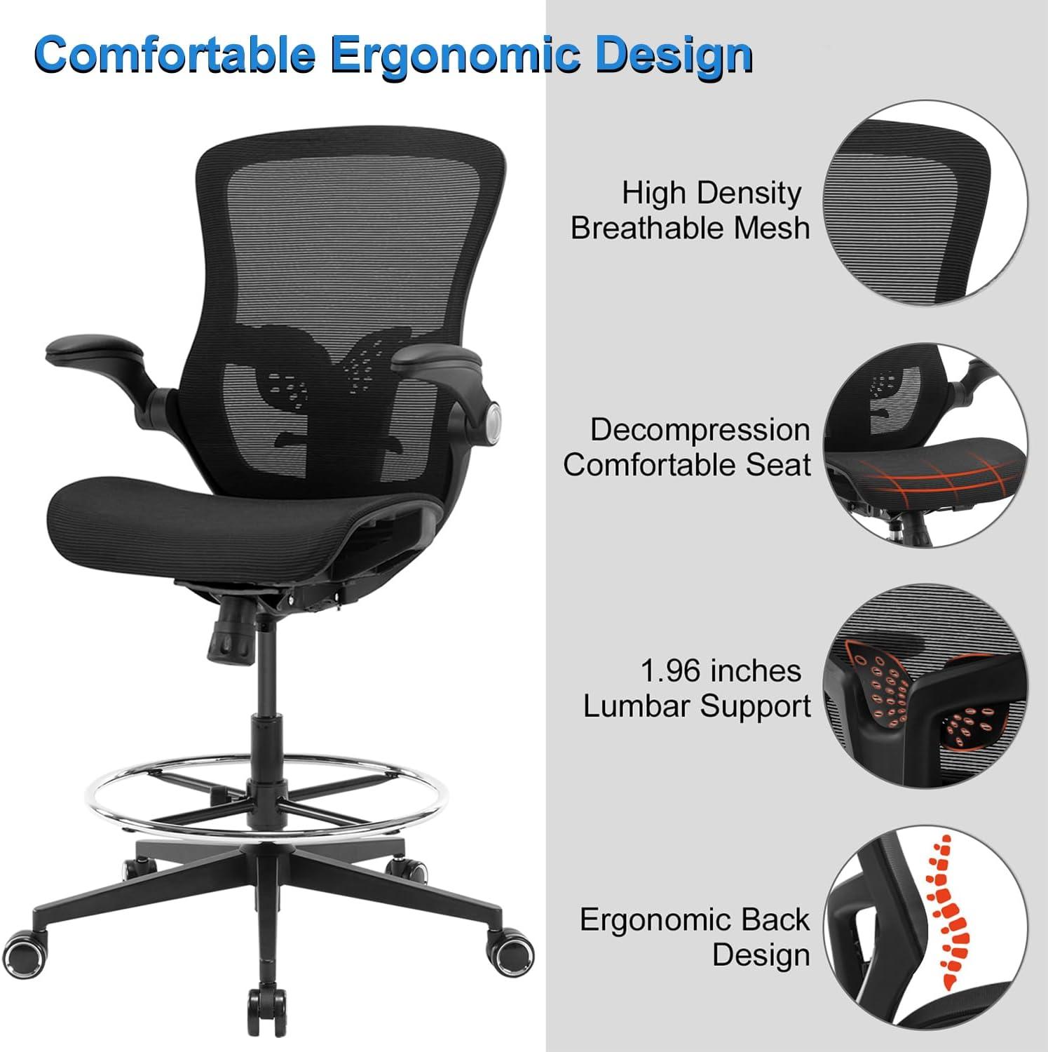 Office Drafting Chair,Ergonomic Tall Office Desk Chair,Adjustable Standing Desk Stool Chair,Executive Computer Chair with Footrest Ring and Lumbar Support (Black)