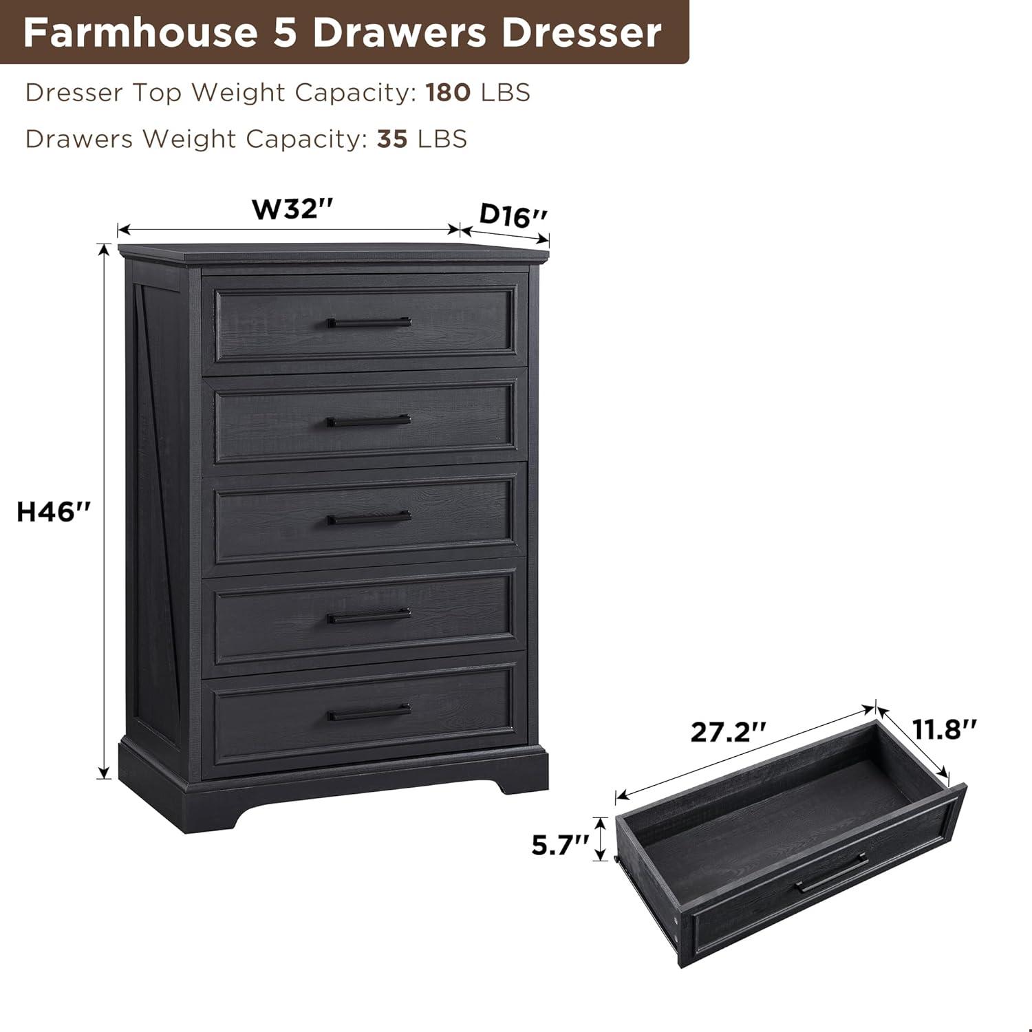 Gracie Oaks Quintone 46" Farmhouse 5 Drawer Dresser,Tall Chest of Drawer With Anti-Tip for Bedroom