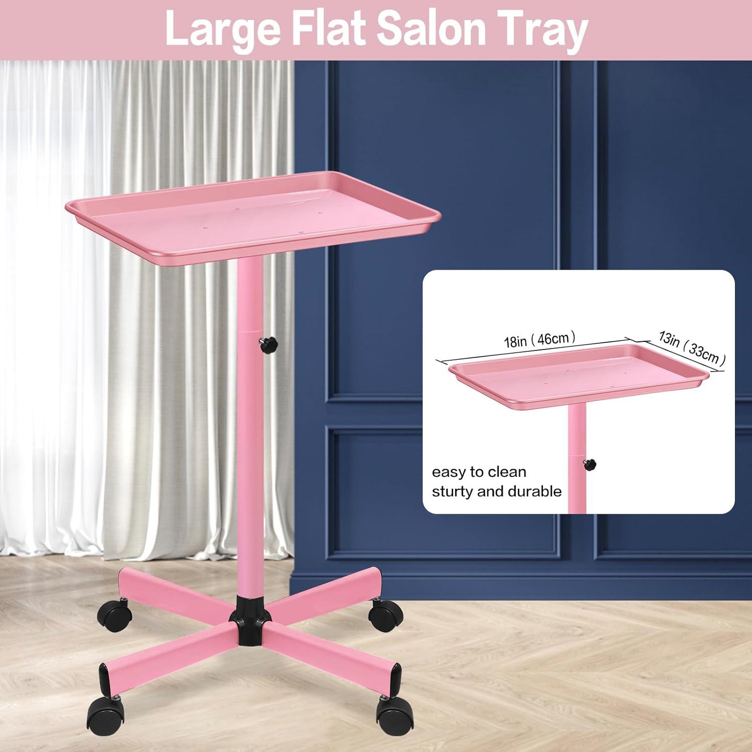Salon Tray,Height Adjustable Salon Service Rolling Cart,Hair Color Tray with Wheels,Pink