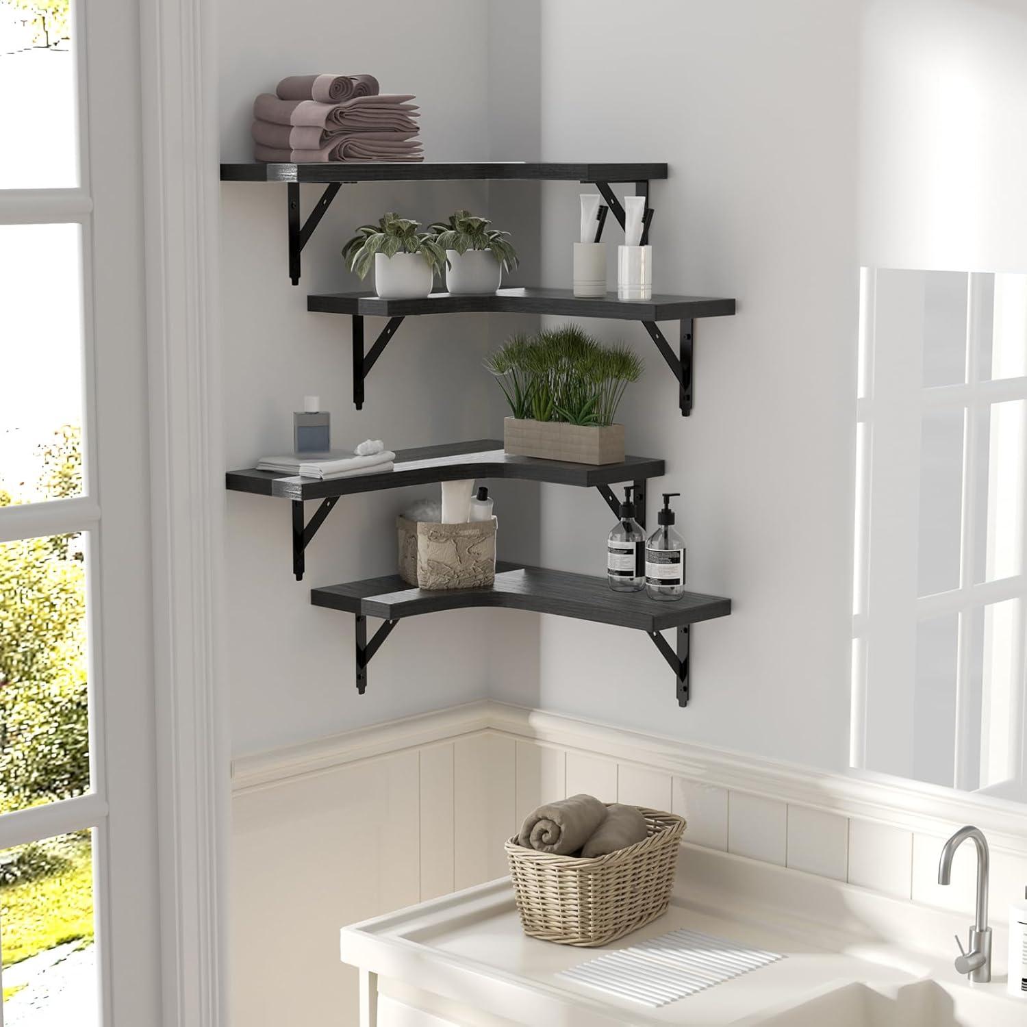 Black Rustic Wood L-Shaped Corner Floating Shelves, Set of 4