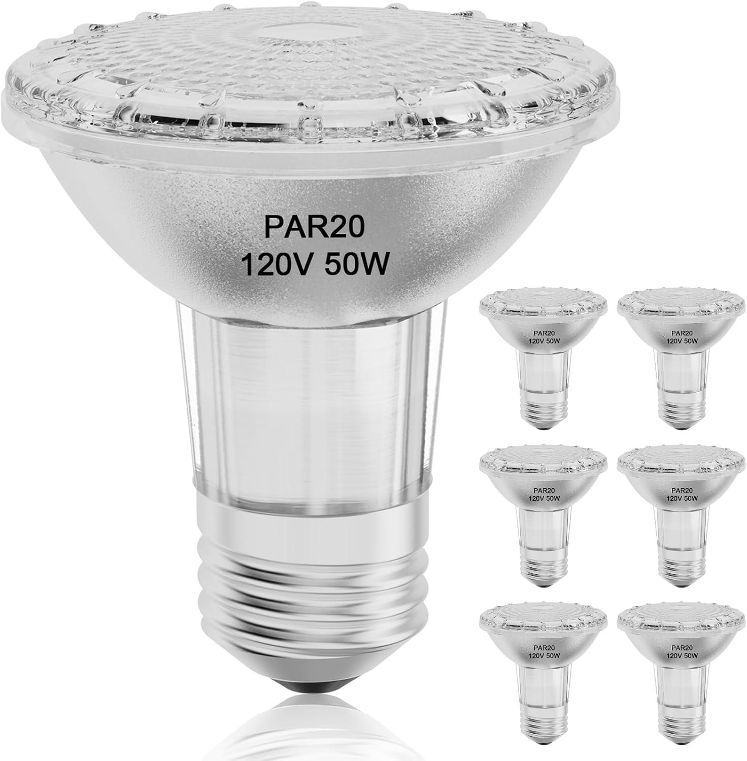 6PCS Par20 Halogen 50W 120V Dimmable, Long Lifespan E26 Par20 Light Bulb with 3000K Warm White for Indoor/Outdoor