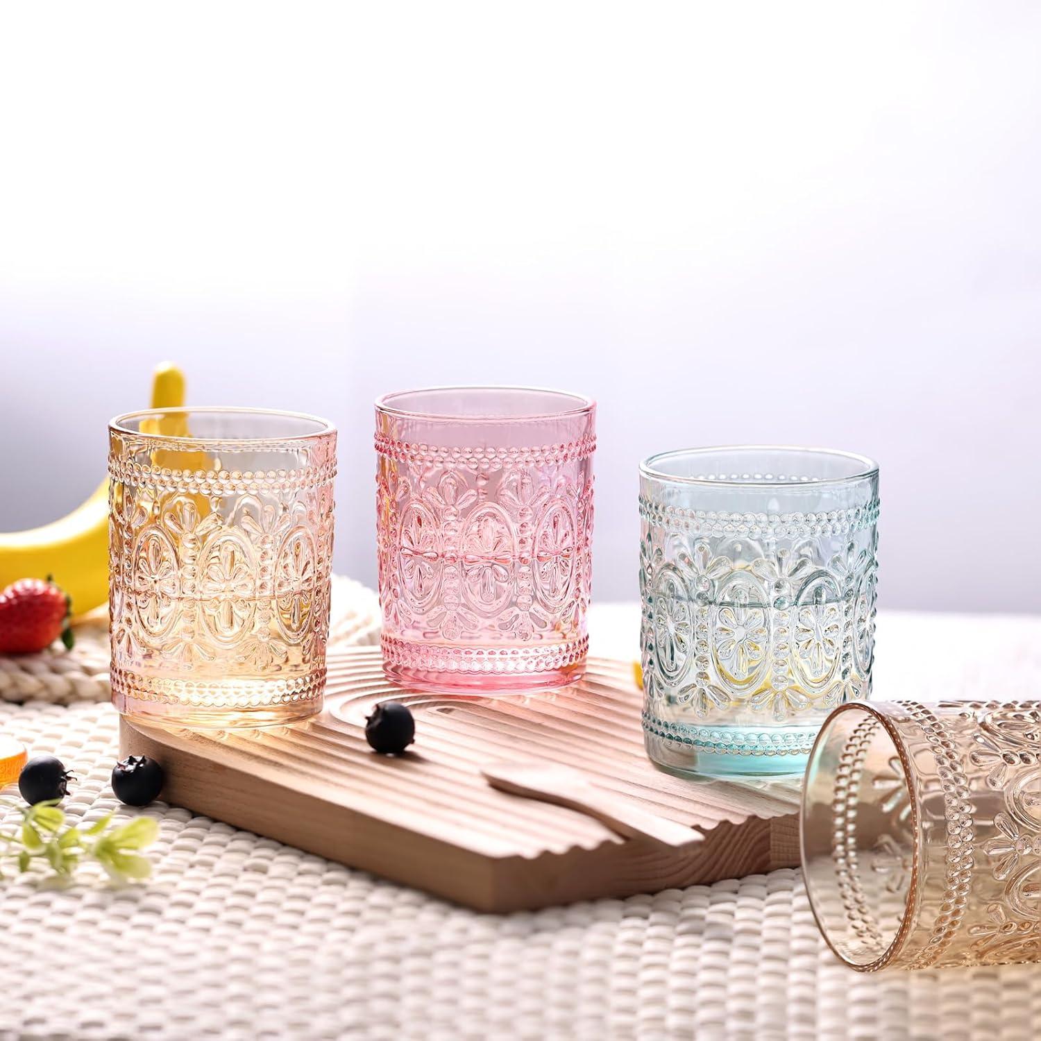 Drinking Highball Beverage Glass Cup, Vintage Drinking Glasses, Colored Glassware Set for Party Wedding Home Office Gift, Set of 4 ,Pink