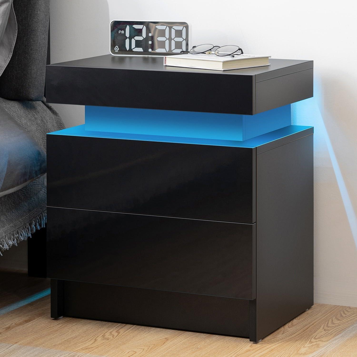 Black High Gloss LED Nightstand with 2 Drawers