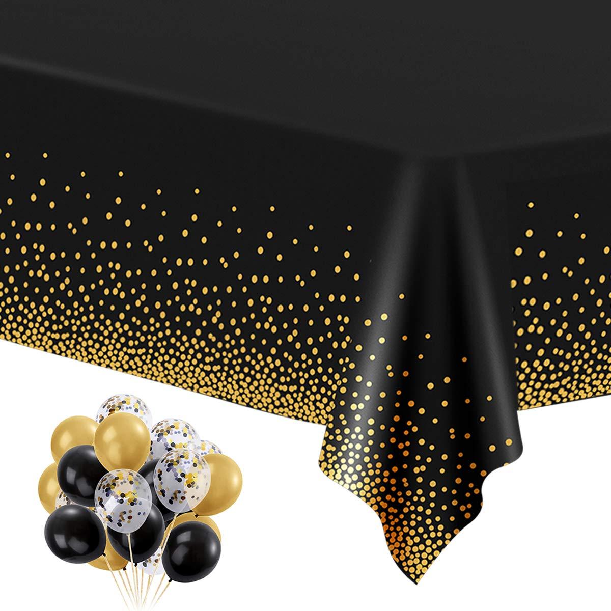 HOMIX Black and Gold Plastic Tablecloths for Rectangle Tables, 6 Pack Disposable Party Table Cloths, Gold Dot Table Covers with 30 Balloons for Birthday, Graduation, Cocktail Parties 54" x 108"