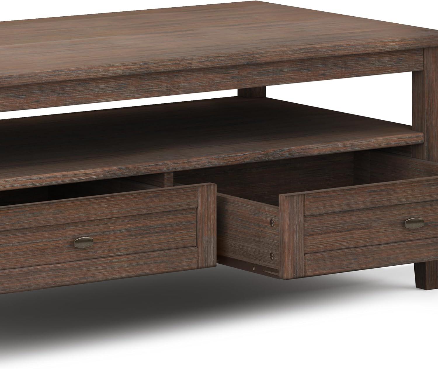 Simpli Home Warm Shaker 48"W Solid Wood Coffee Table with Two Storage Drawers and Open Shelf
