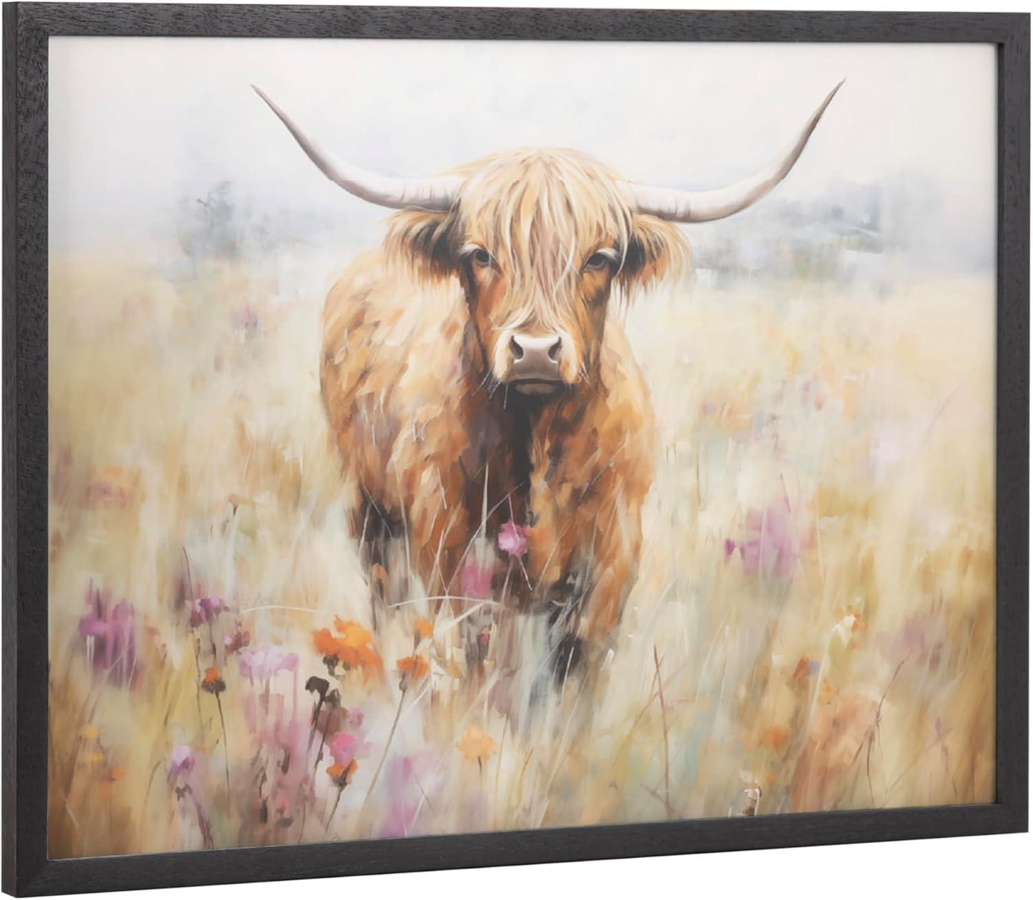 Kate & Laurel All Things Decor 16"x12" Gallery Highland Cow in a Flower Field Landscape Print by The Creative Bunch Studio Black