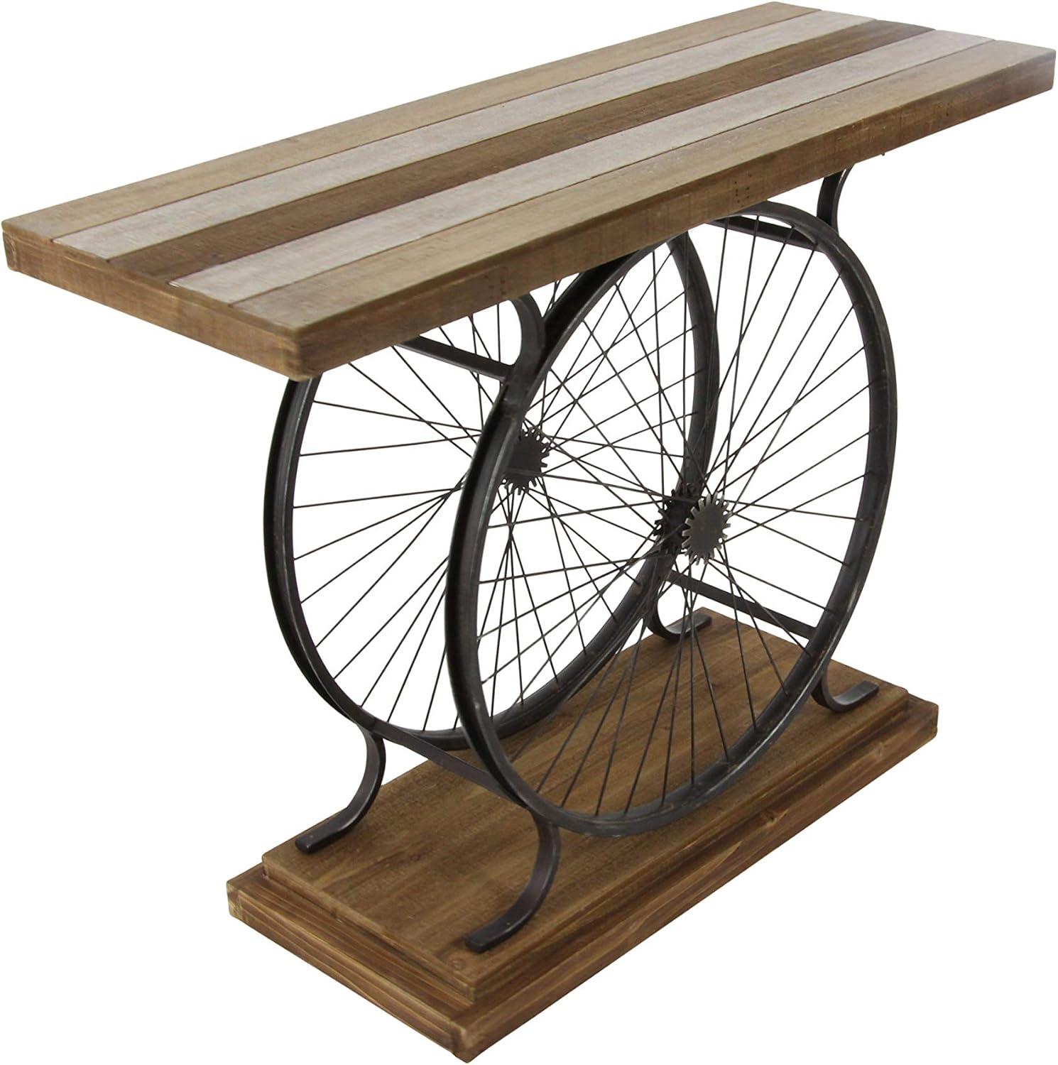 Olivia & May Industrial Wheel Console Table Brown: Iron Frame, Wood Top, Entryway Furniture