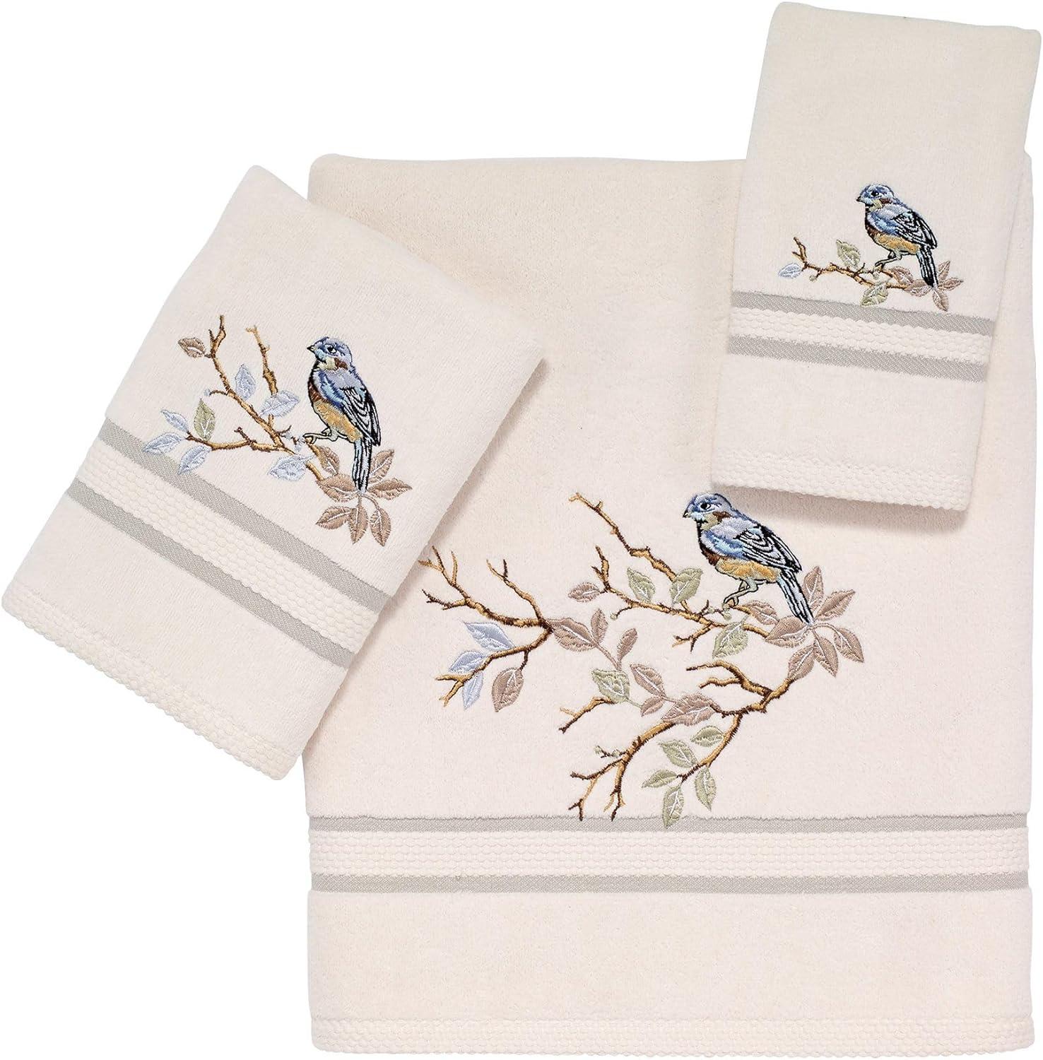 Ivory Cotton Hand Towel with Embroidered Bluebird