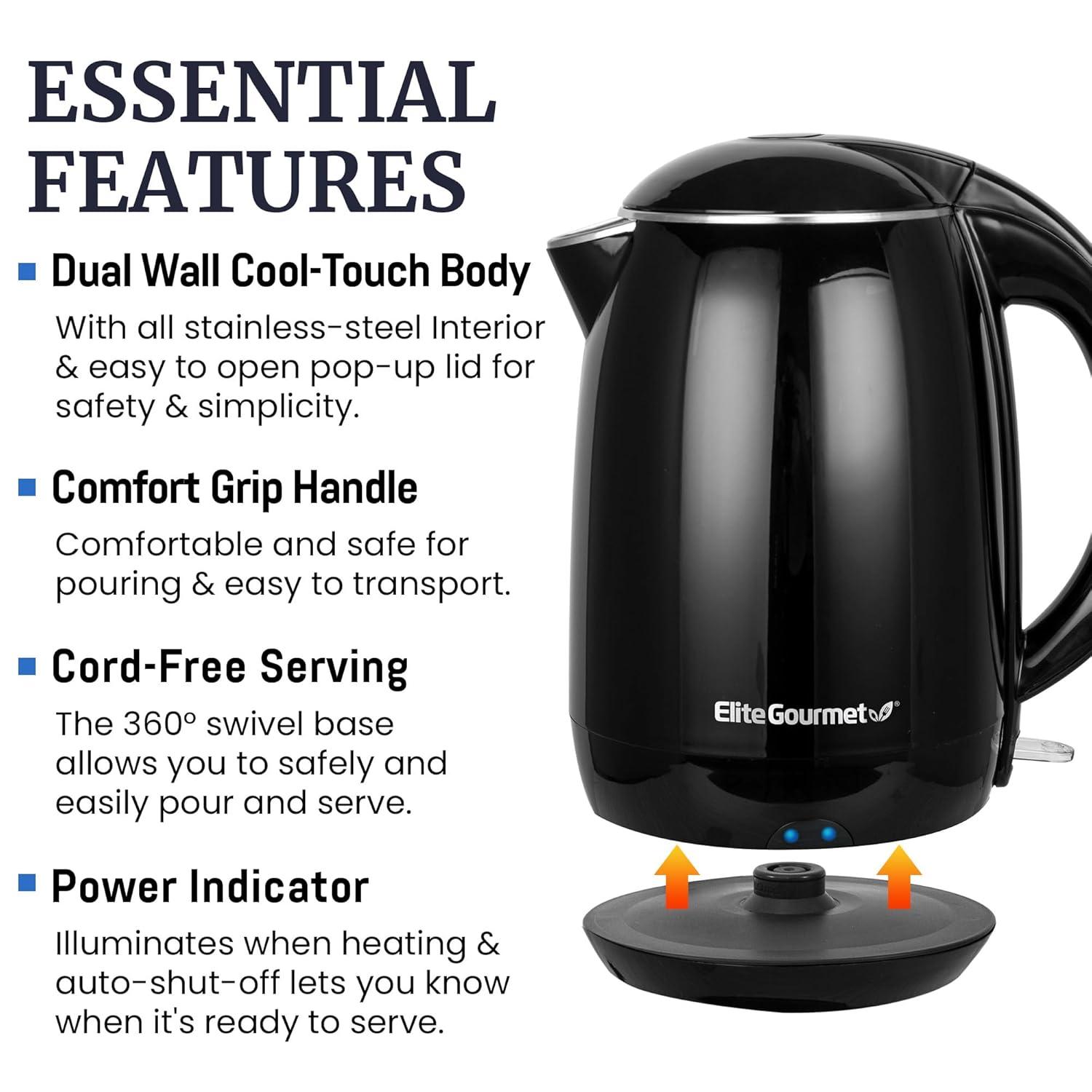 Elite Gourmet 1.8L Cool-Touch Electric Kettle, Stainless Steel, Black