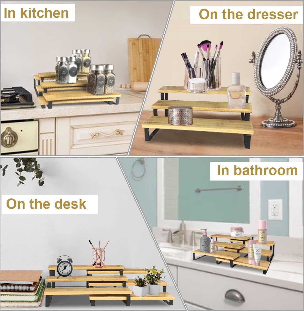 3 Tier Expandable Bamboo Spice Rack Cabinet Step Shelf Organizer for Kitchen Pantry Countertop Cupboard