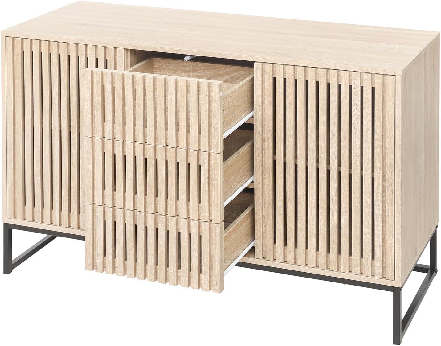 Natural Wood Fluted Sideboard with Metal Base and Drawers