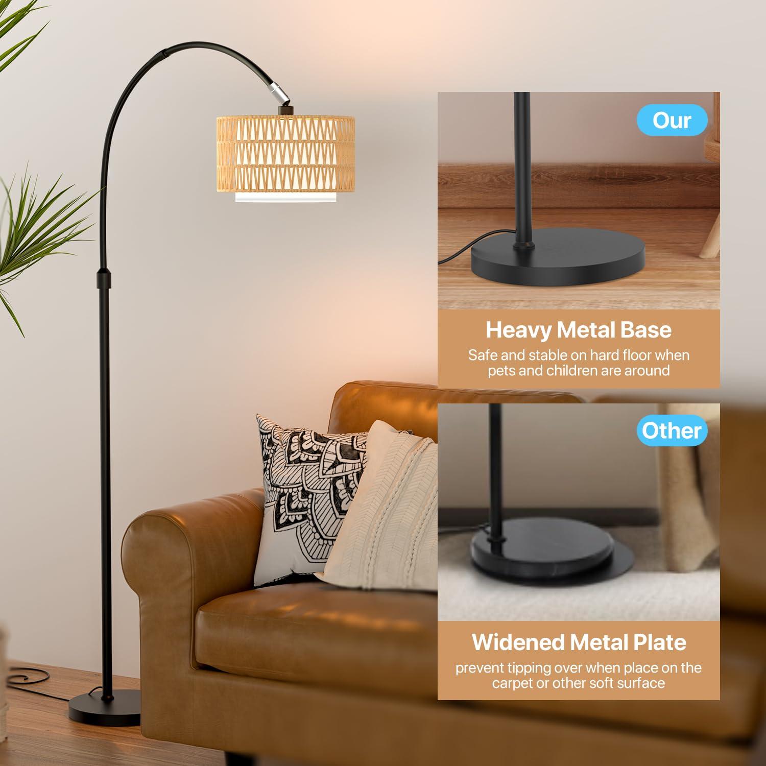 ROTTOGOON Boho Floor Lamp with Dimmable Bulb, Rattan &Linen Double Shades, Boho Standing Tall Lamps with Foot Switch, Bohemian Floor Lamps for Living Room, Bedroom, Office