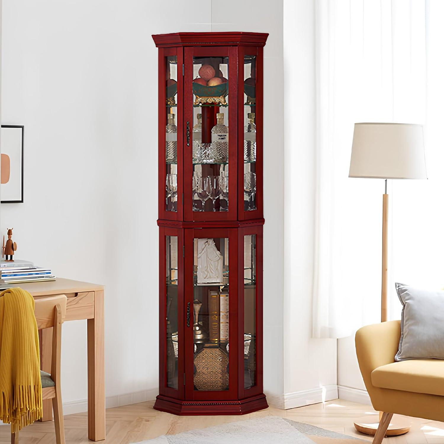 Lighted 3-Side Glass Display Curio Cabinet with Tempered Glass Doors and Shelves, Curved Wood Corner Cabinet with Bulb, Cherry