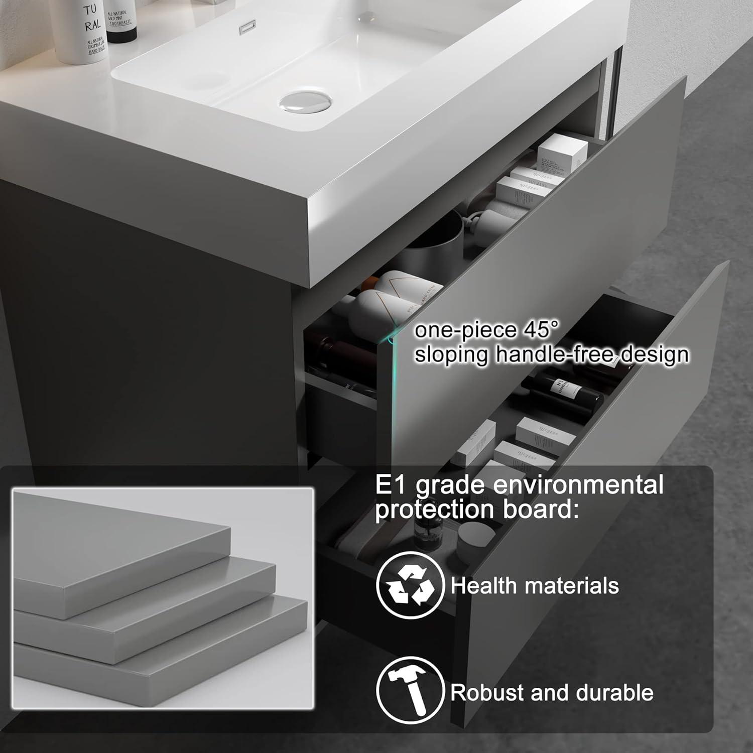 Alice 30" Gray MDF Floating Vanity with Solid Surface Sink