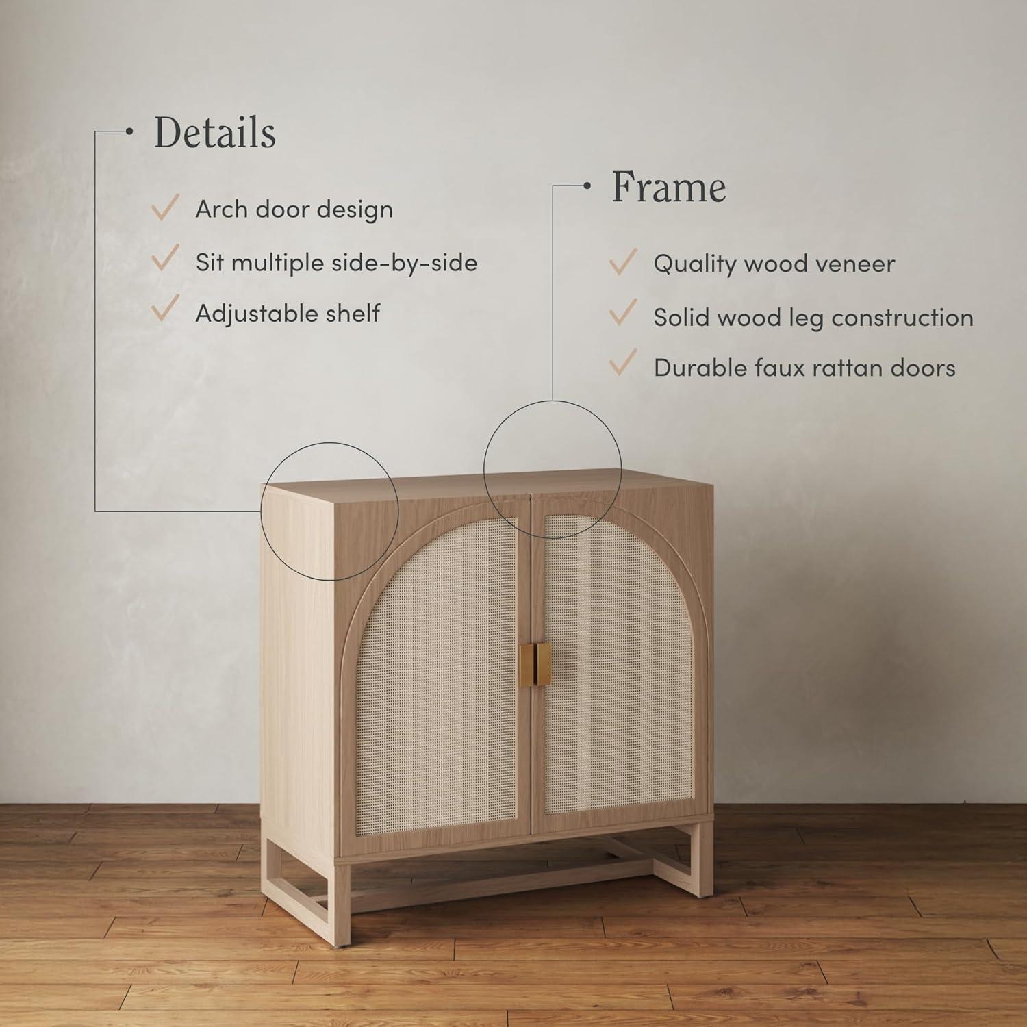 Nathan James Paxton Mid-Century Modern Wood Storage Cabinet with Doors, Arched Storage Cabinet for Living Room or Kitchen with Rattan Door Details, Raw Oak Set of 2