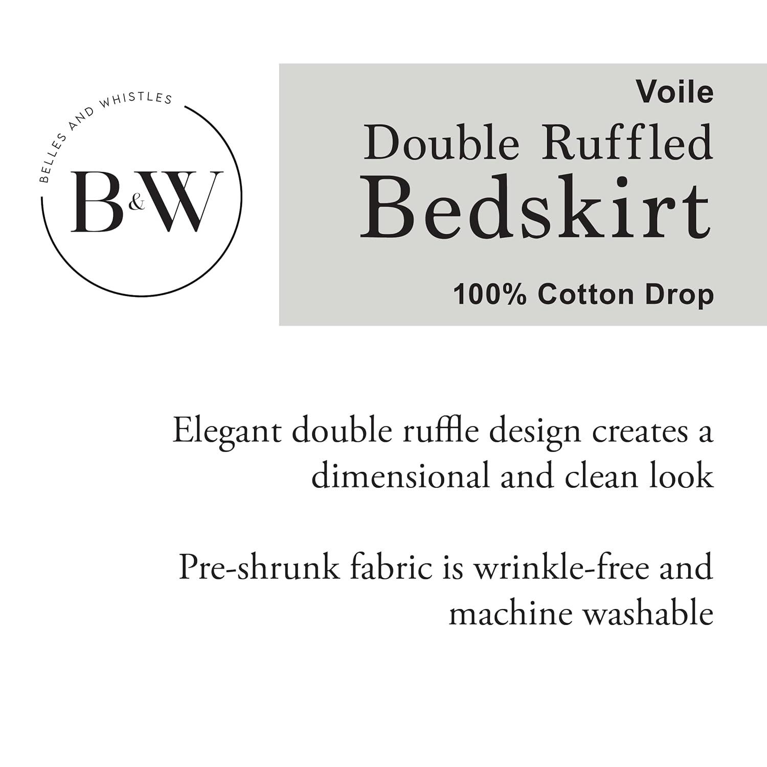 Belles & Whistles Double Voile Ruffled Bed Skirt Dust Ruffle, Cotton Layered, 15" Drop Length, King, White