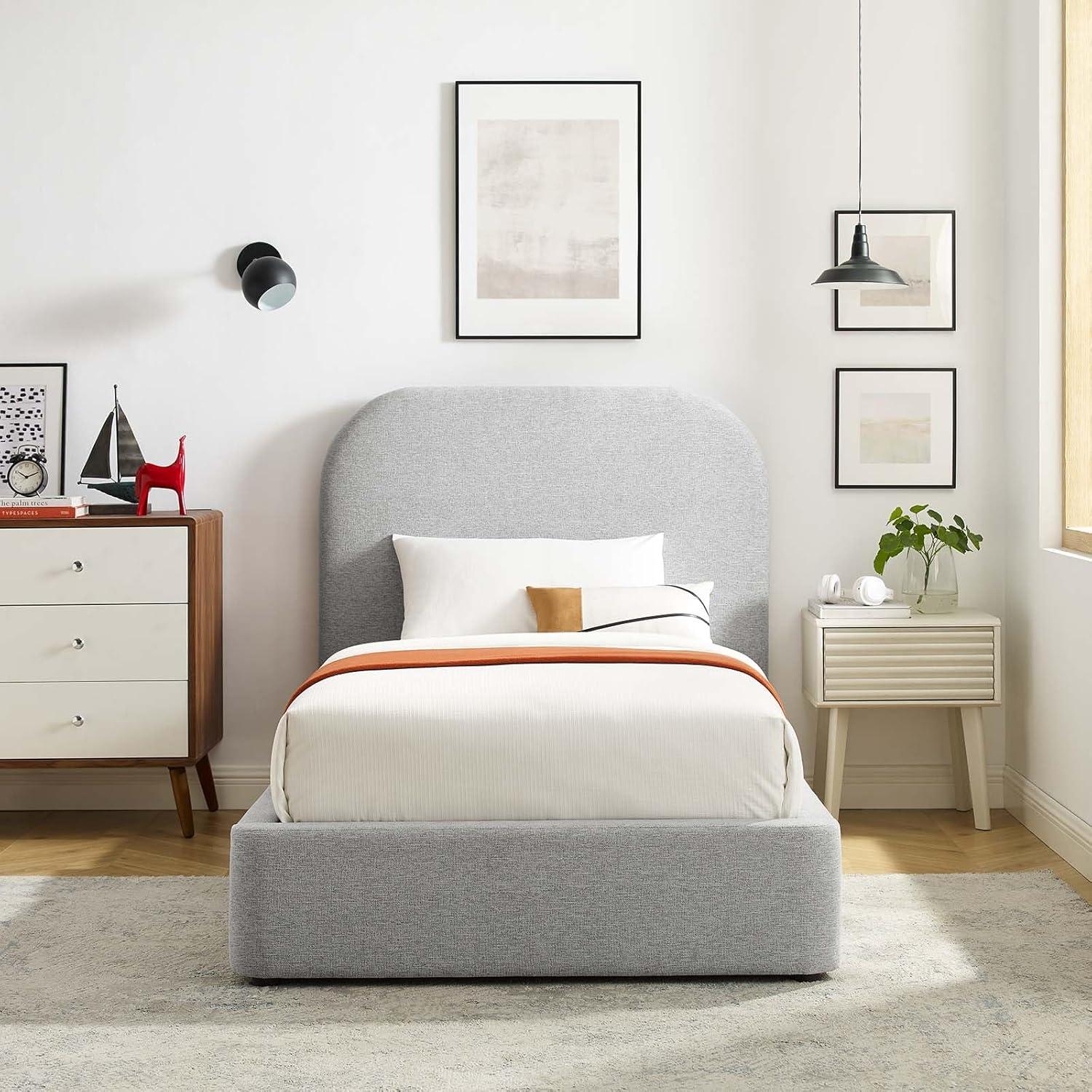 Heathered Light Gray Twin Upholstered Velvet Platform Bed