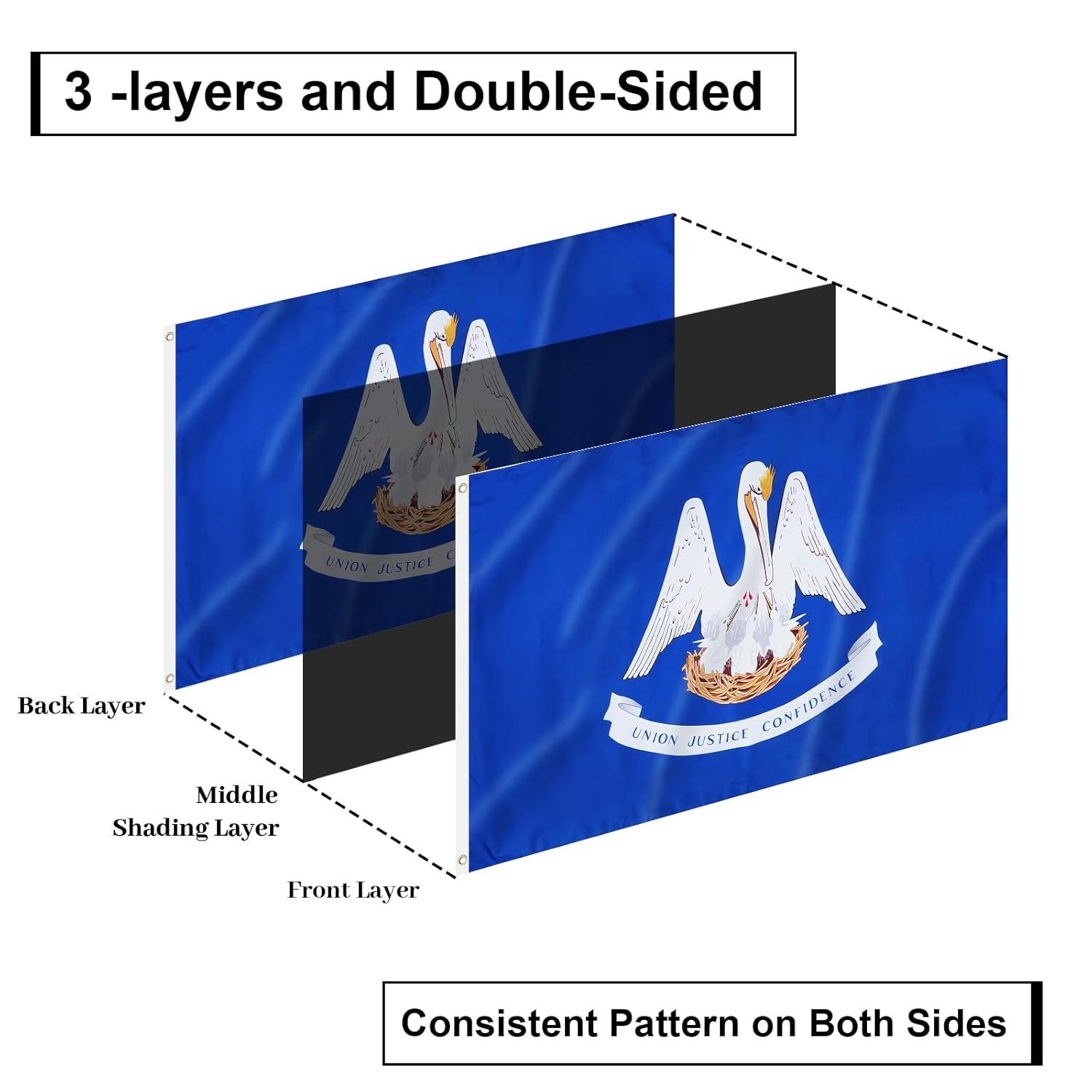 Louisiana State Flag 3x5 Double Sided Outdoor State Flags Heavy Duty 3 Ply with Durable Canvas Header and Brass Grommets Vivid Colors