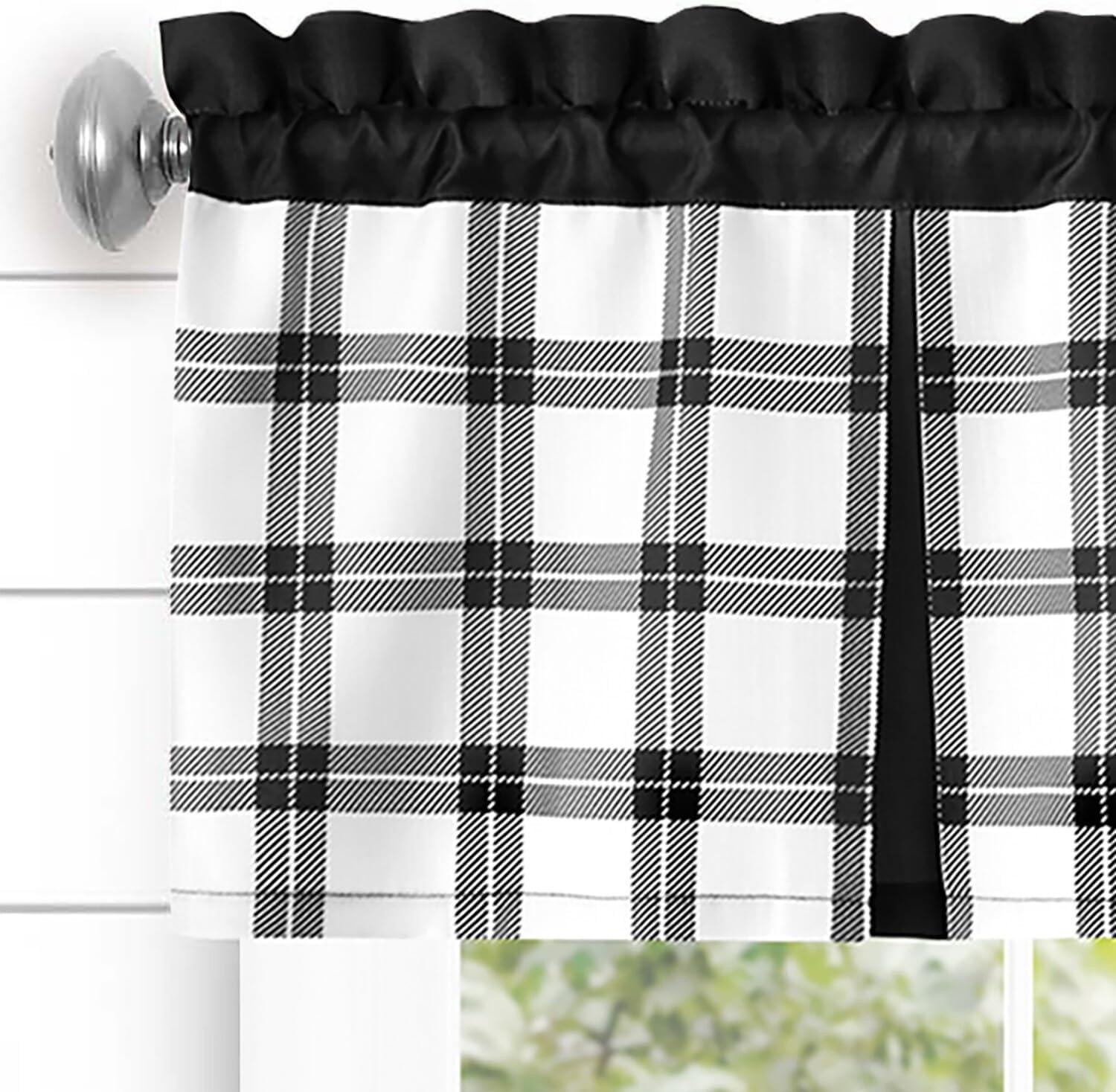 Achim Tate Plaid Light Filtering Tier and Valance Curtain Set, Black, 58" x 36"