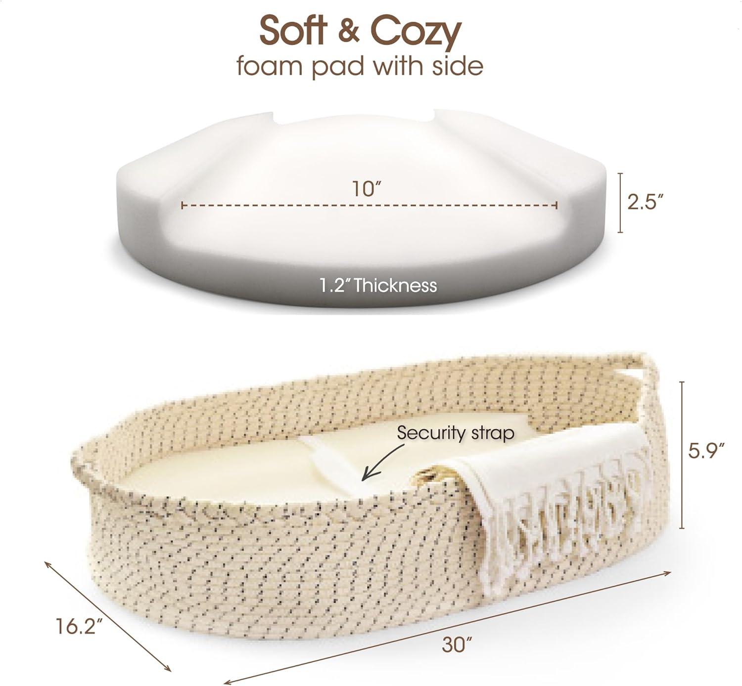 Baby Changing Basket-Moses Basket Changing Table Topper, Raised Side Foam Pad with Waterproof Pad Cover, Built-in Security Strap, Diaper Changing Station, J&Joo