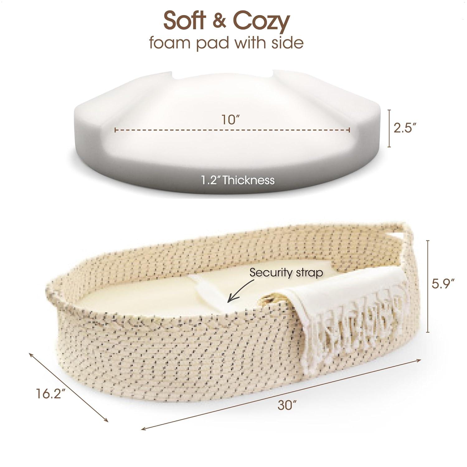 Baby Changing Basket-Moses Basket Changing Table Topper, Raised Side Foam Pad with Waterproof Pad Cover, Built-in Security Strap, Diaper Changing Station, J&Joo