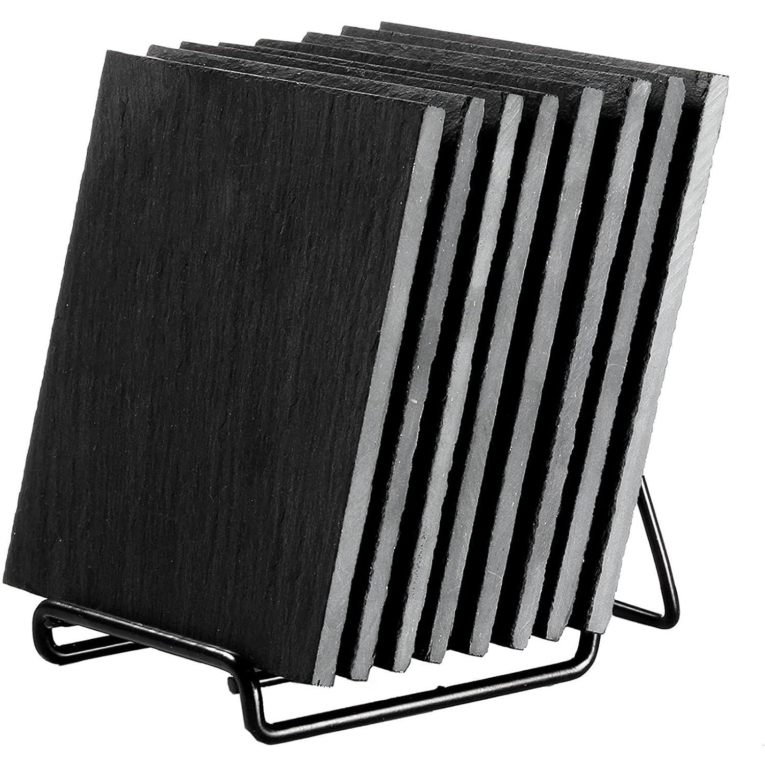 Juvale 8 Piece Set of Square Black Slate Coasters Set with Holder for Coffee Table, Office, Bar, Kitchen, Dinner Table, Home Decor
