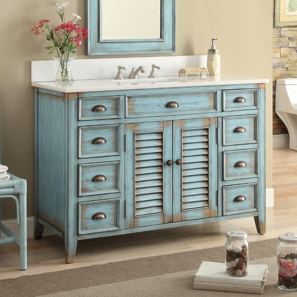 46 Inch Abbeville Distressed Blue Finish Cottage Plantation Style Bathroom Vanity with White Marble Stone Top, 4 Functional Drawers, Undermount Sink, Hardware Included
