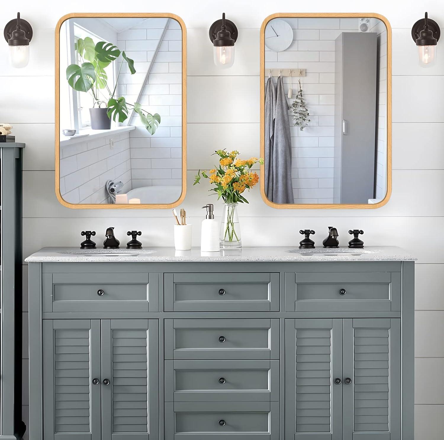 Natural Beech Wood Rectangular Bathroom Mirrors with Silver Accents