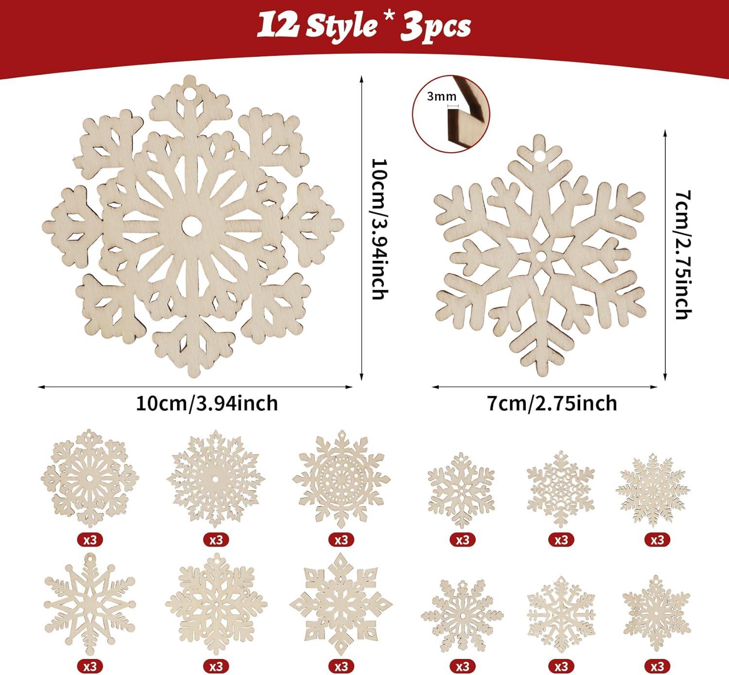 Unfinished Wooden Snowflakes Ornaments, 36Pcs Christmas Tree Hanging Decoration Wood Cutouts DIY Craft Snowflake Shaped Embellishments Xmas Rustic Crafts with Twine (4 inch)